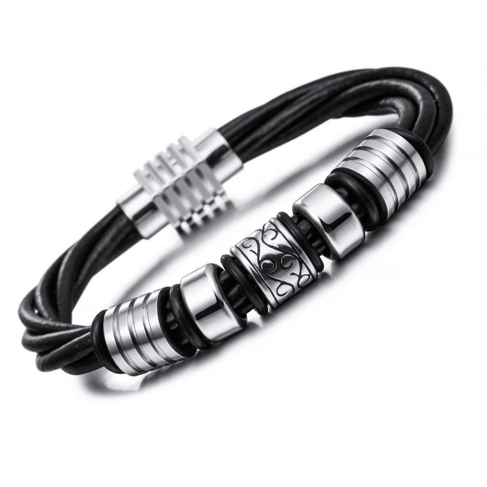 IINBLUE Black Genuine Leather Bracelet Bangle Cuff Band for Men Women Boys girls Braided Rope Stainless Steel Magnetic Clasp Handmade Jewelry Friendship Best Friend Gift (9 Inches Long)