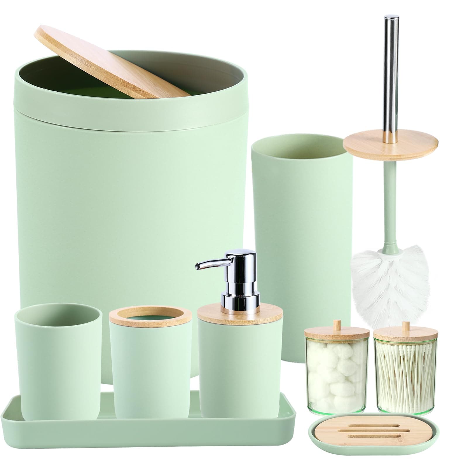 iMucci 9Pcs Pastel Green Bathroom Accessories Set - with Trash Can,Toilet Brush,Toothbrush Holder, Lotion Soap Dispenser, Soap Dish,Toothbrush Cup,Qtip Holder (Bamboo Cover)