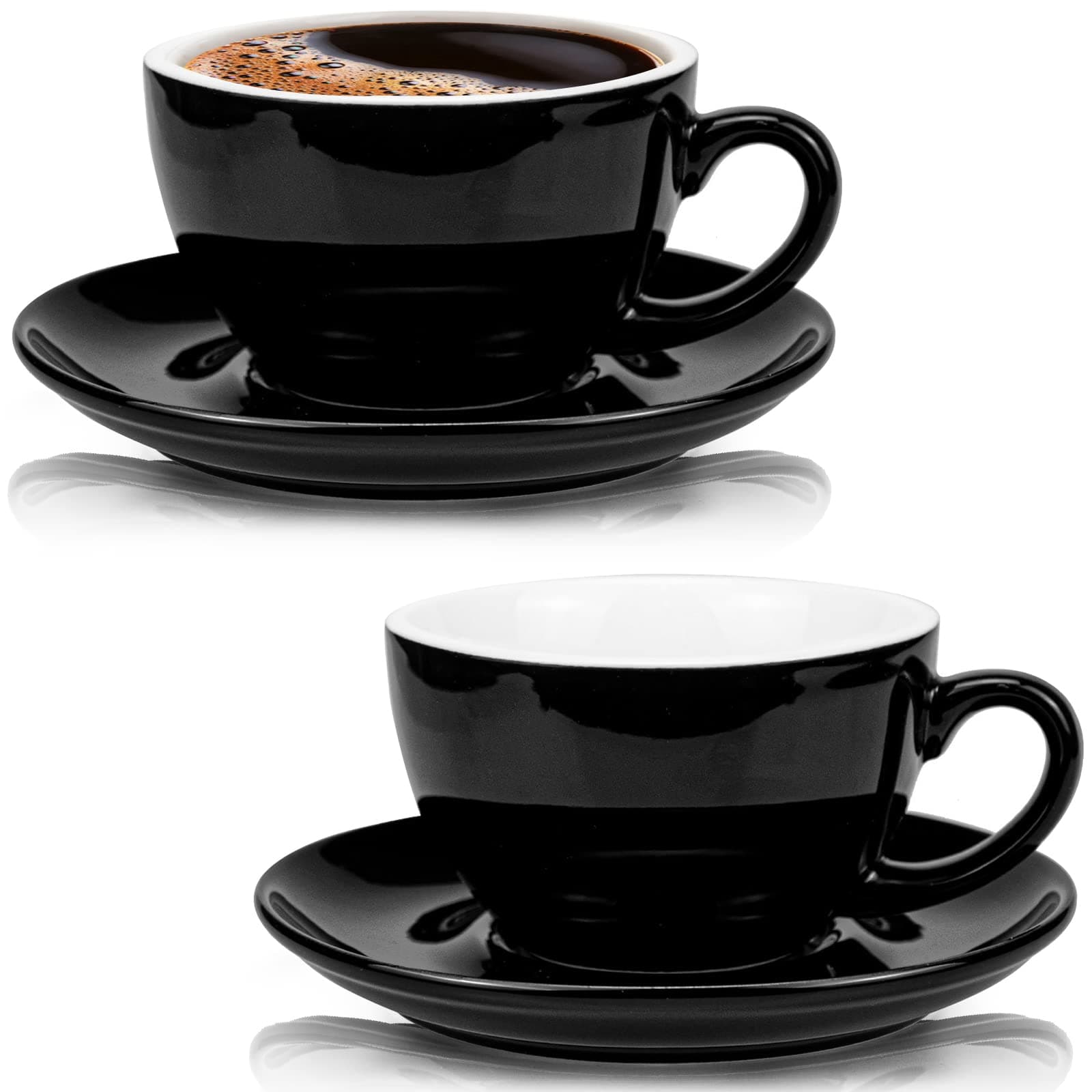 Yesland 2 Pack 8.5 oz Coffee Cup and Saucer, Ceramic Glossy Black Cappuccino Cups with Saucers for Coffee Shop and Barista, Perfect for Specialty Coffee Drinks, Latte, Cafe Mocha and Tea