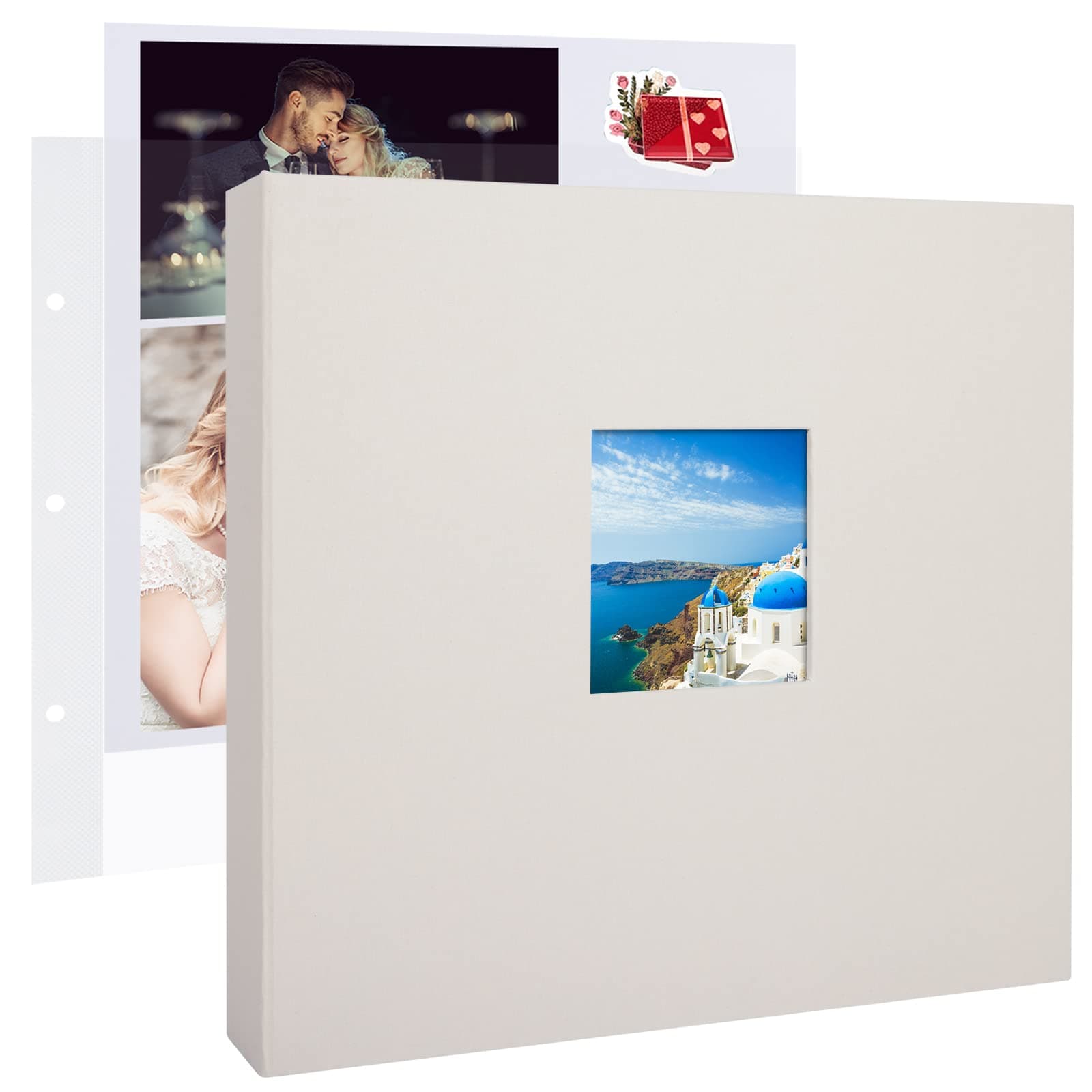 12x12 Inch Large 3 Ring DIY Scrapbook Photo Album Journal with 30 Plastic Sleeves 60 Pages and Fabric Cover for Baby Travel Wedding Couple Anniversary kids Adventure (Beige Cover/White Pages)