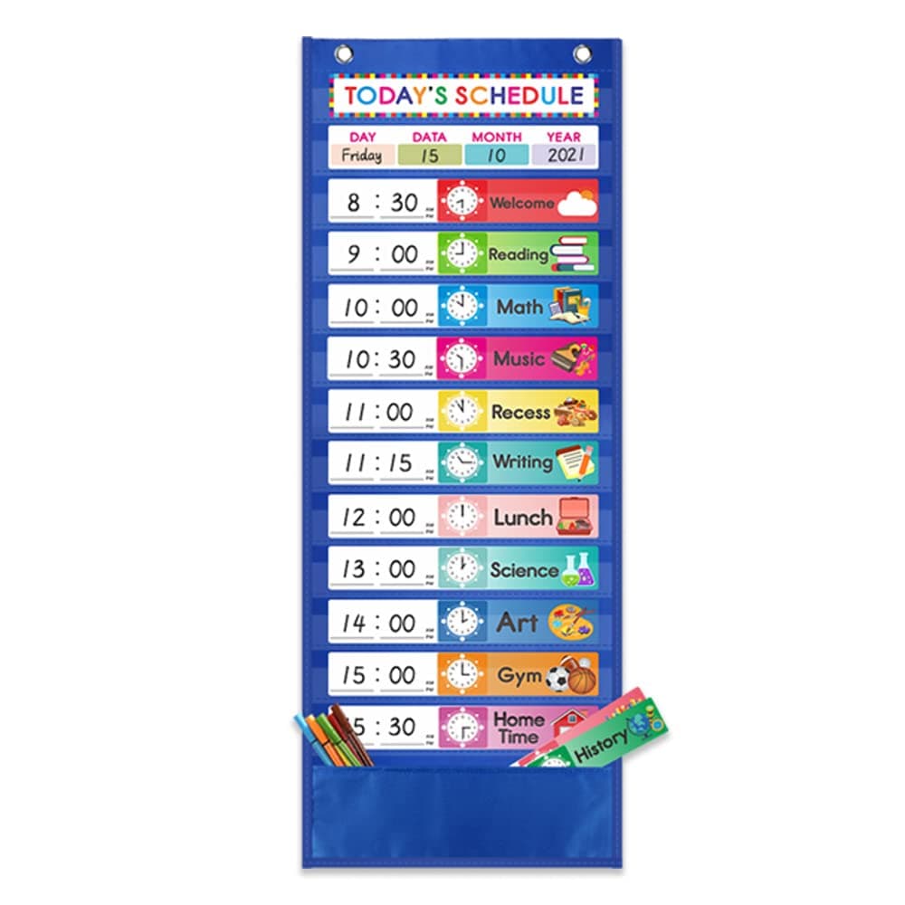 Amzoya Daily Schedule Pocket Chart. Kids Chart with 15 Dry-Eraser Cards. 13+1 Pockets. for Classroom & Home (Blue) [Unknown Binding]