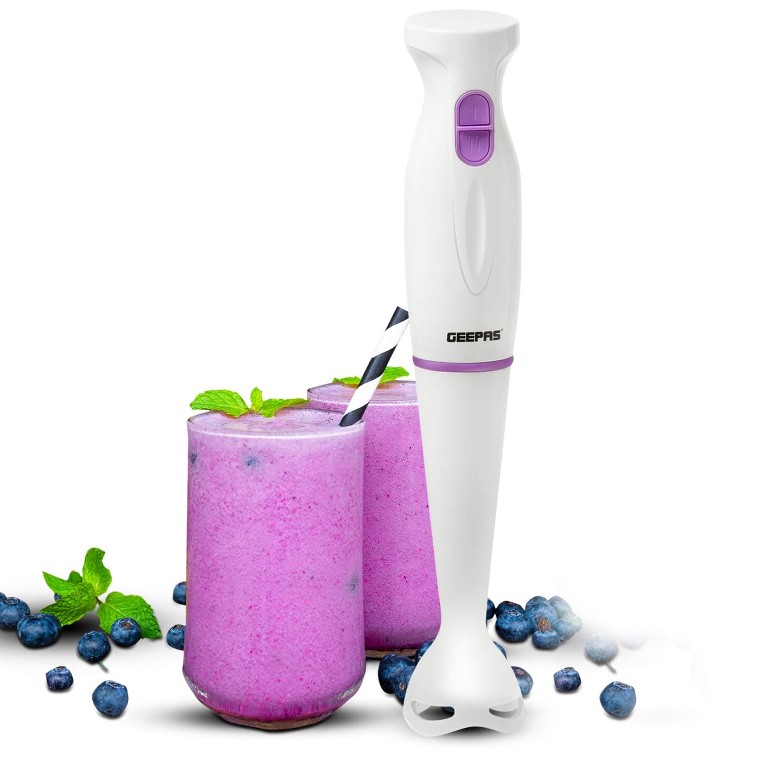 Geepas 200W Hand Blender | Food Collection Immersion Hand Blender | Ideal for Smoothies, Shakes, Baby Food, Soup, Grinding Ingredients, Vegetables & Fruits - 2 Year Warranty (200W - Purple)