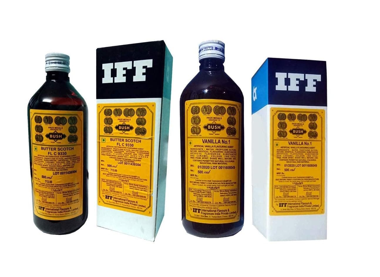 Sandi Foods- IFF,Bush- Butter Scotch and Vanilla No.1 Food Flavour Essence 500 ml for Baking Cake, Chocolates, Sweets, Desserts, Icecreams, Cake Crushes, Jellies etc ( Pack of 2)