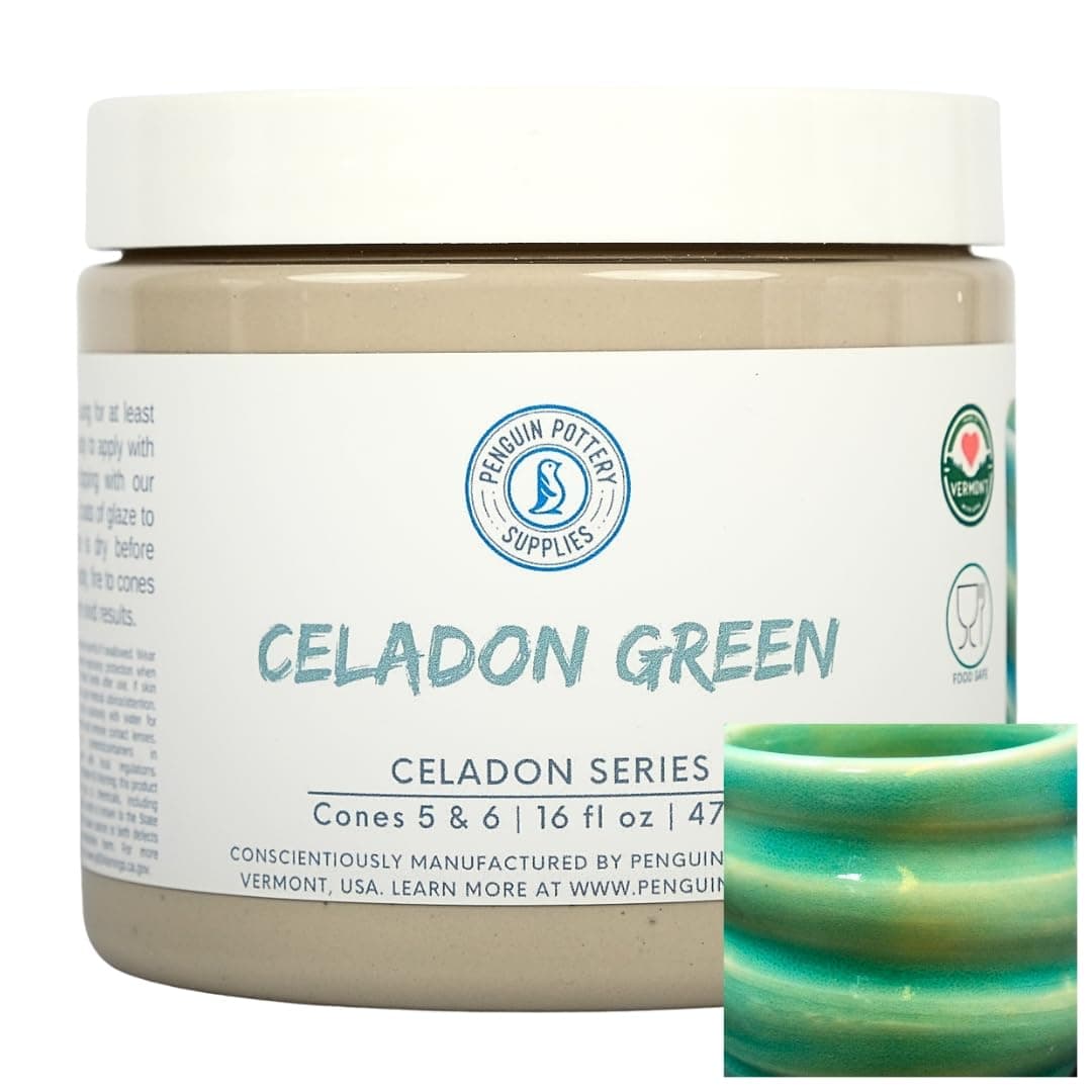 Penguin Pottery - Celadon Series - Green - Mid Fire Glaze, High Fire Glaze, Cone 5-6 for Mid Fire Clay, High Fire Clay - Ceramic Glaze Pottery (1 Pint | 16 oz | 473 ml)