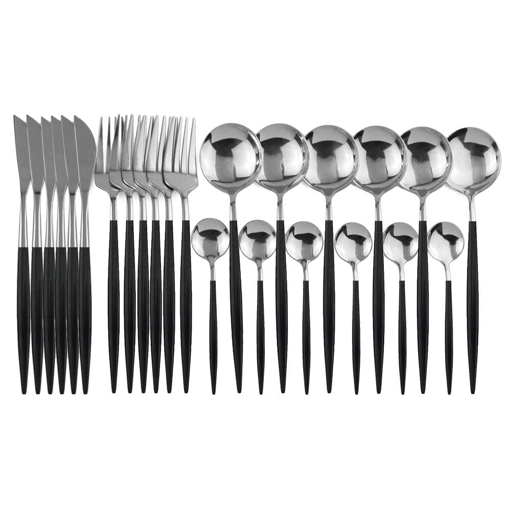 24-Piece Flatware Set, 18/0 Stainless Steel Knife Fork Spoon Teaspoon Silverware Set, Service for 6, Black Handle Silver