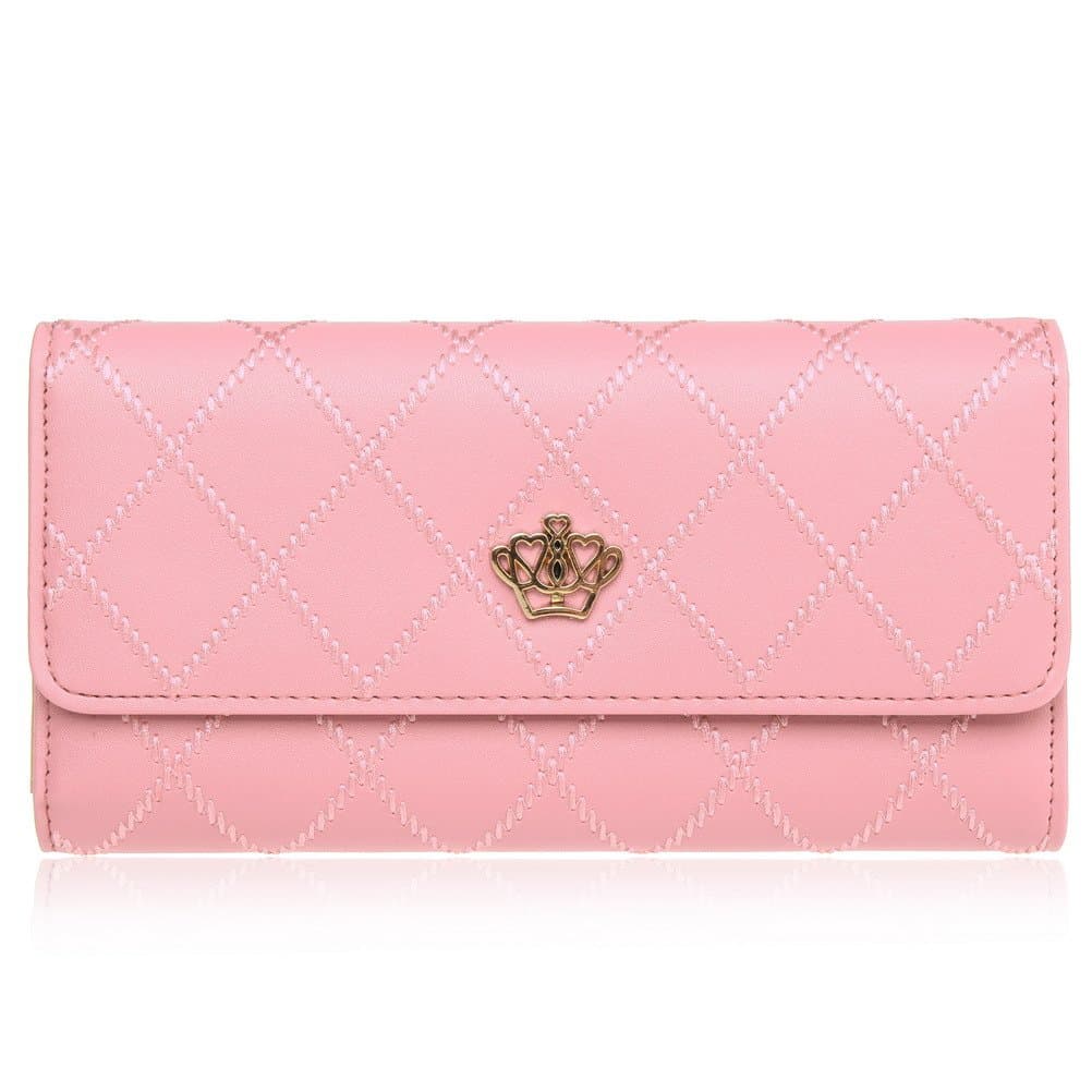BaoLan Womens Wallets Long Leather Trifold Wallet Ladies Purse Credit Card Holder Case Pink