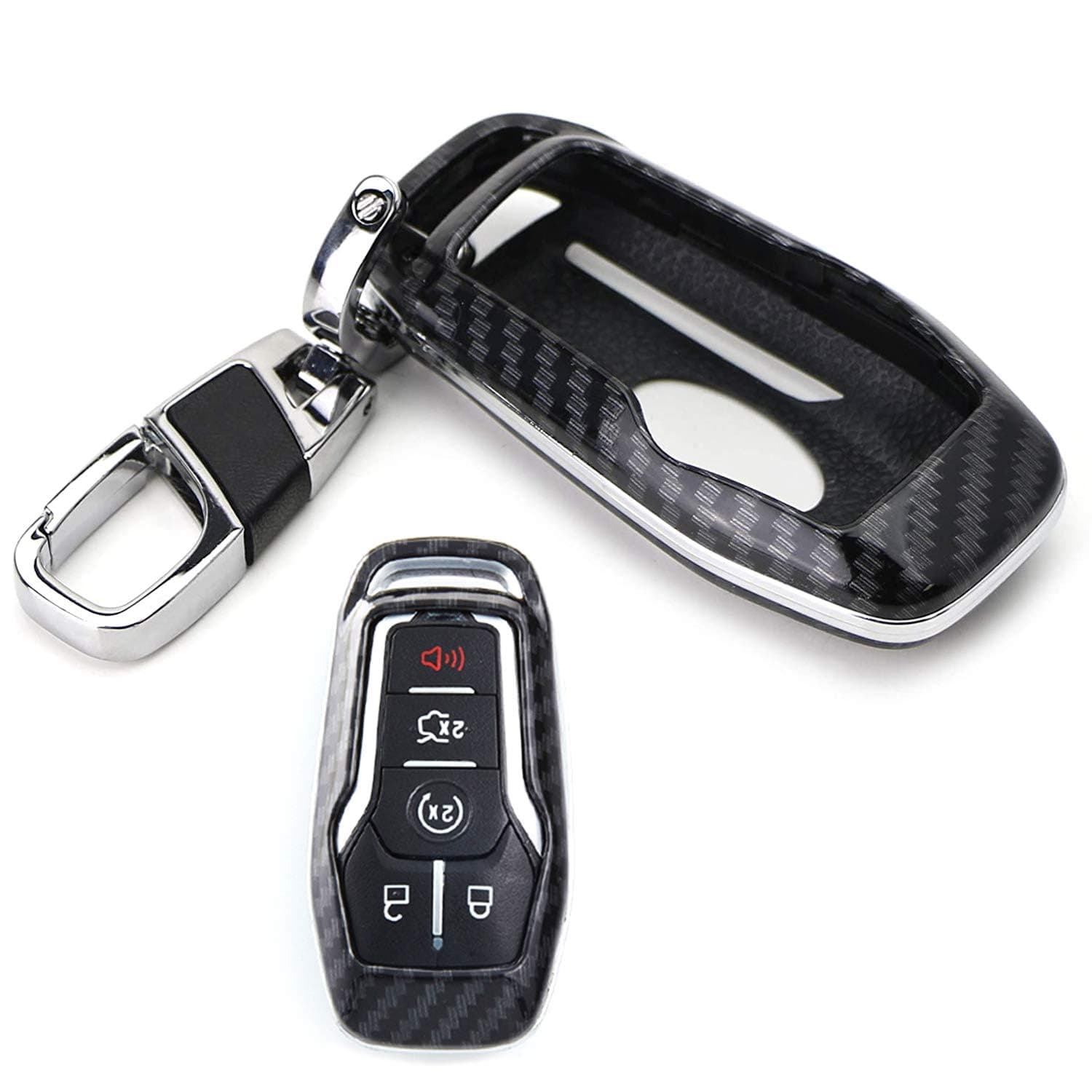 iJDMTOY (1 Exact Fit Black Glossy Carbon Fiber Pattern Key Fob Shell w/Keychain for Ford or Lincoln 4/5-Button Intelligent Access Key