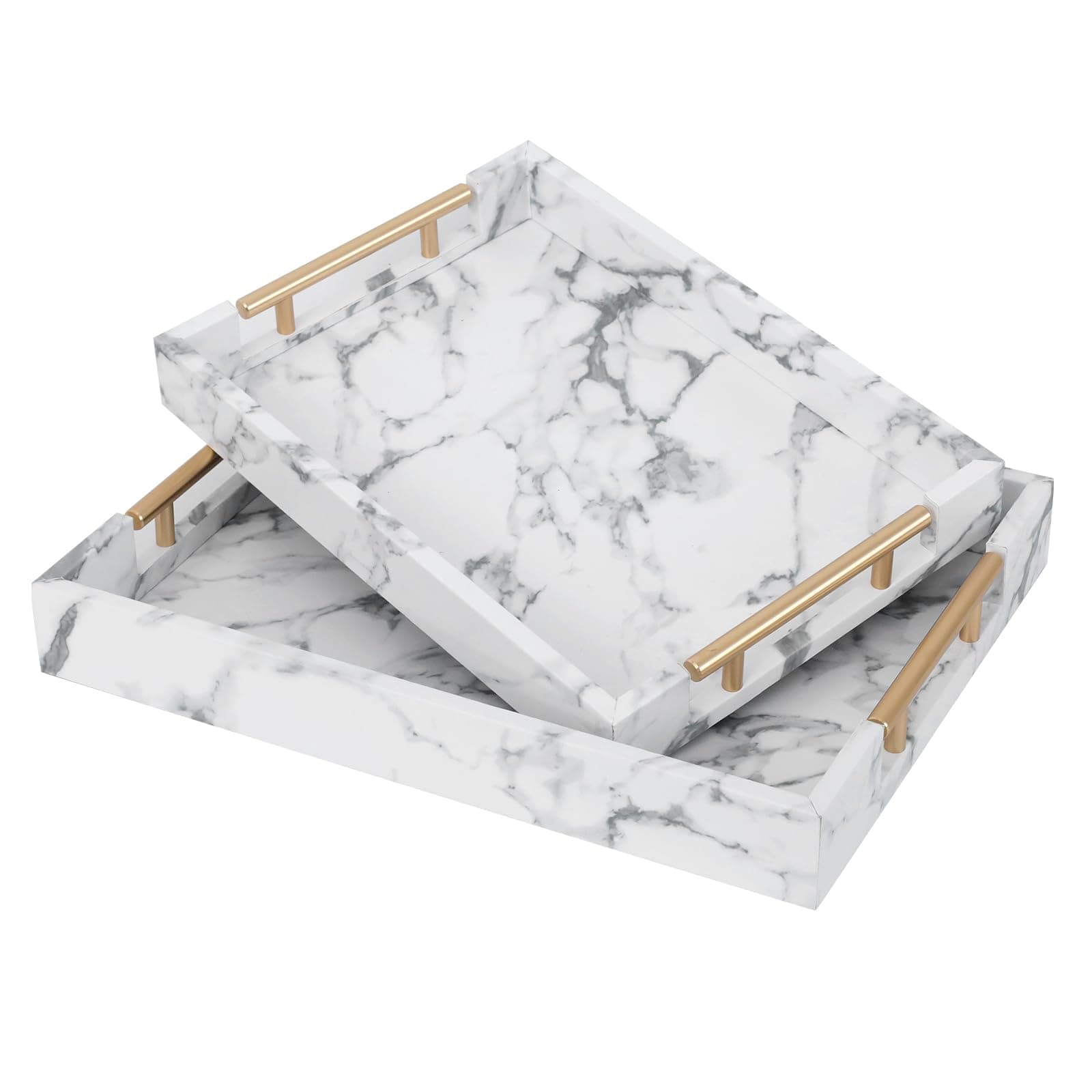 SwallowLiving Set of 2 White Fake Marble Serving Tray with Gold Polished Metal Handles White Decorative Wood Tray PU Leather with Brushed Gold for Coffee Table Ottoman Console Table Decor