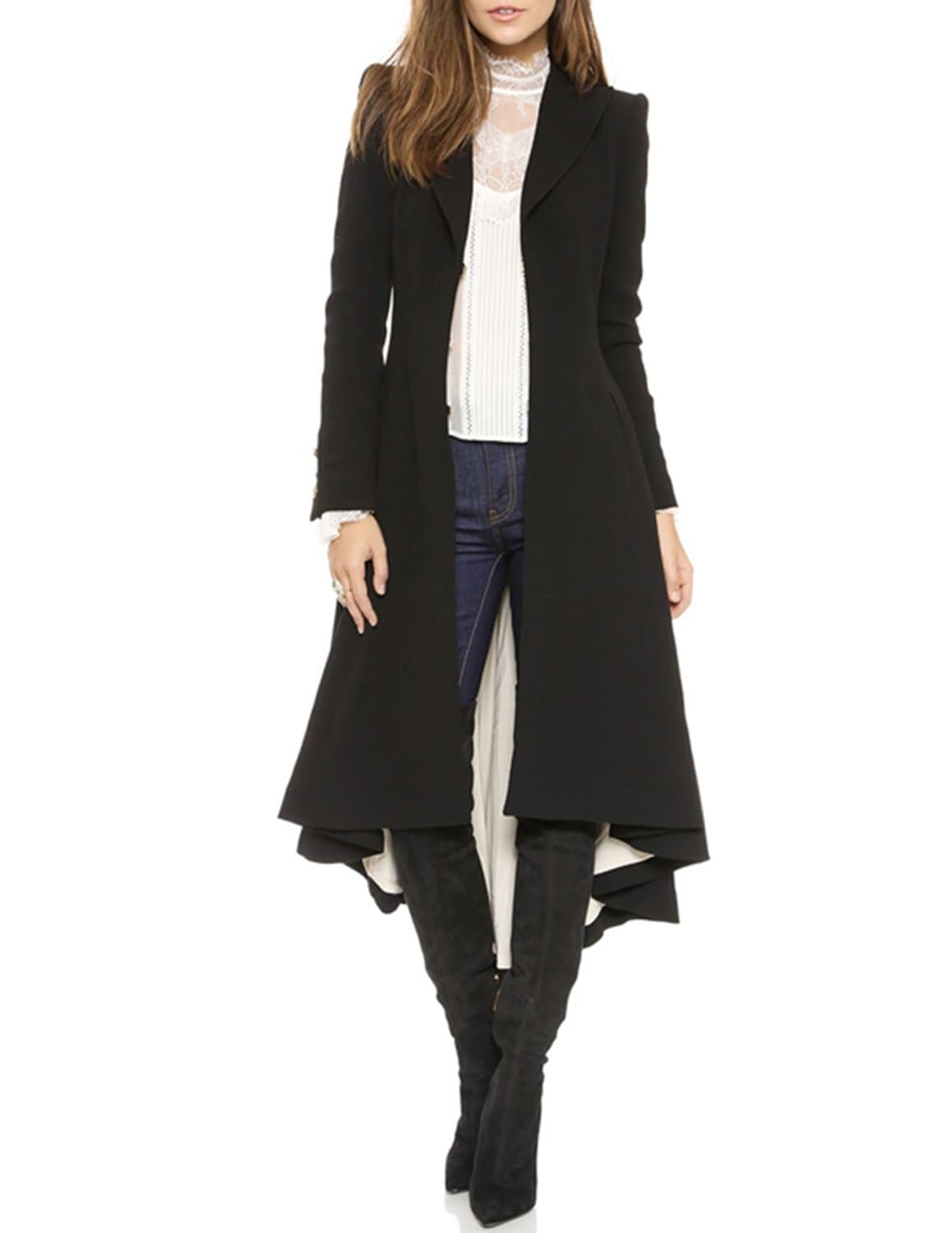 Women Asymmetrical High Low V Neck Ruffle Button Long Coat