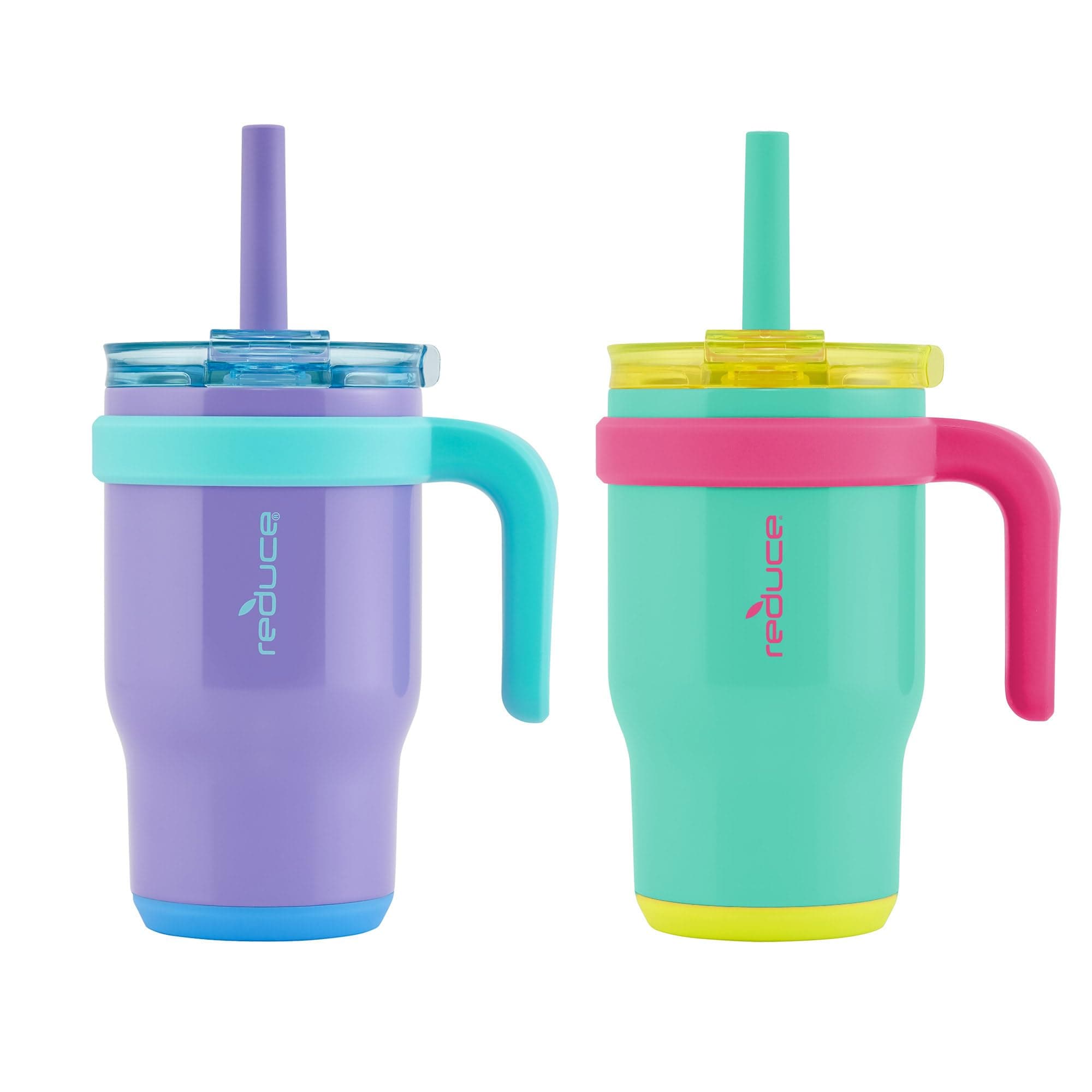 REDUCE 14 oz Coldee Tumbler with Handle for Kids - 2 Pack, Leakproof Insulated Stainless Steel Mug with Lid & Spill-Proof Straw, Keeps Drinks Cold up to 18 Hrs, Purple and Teal