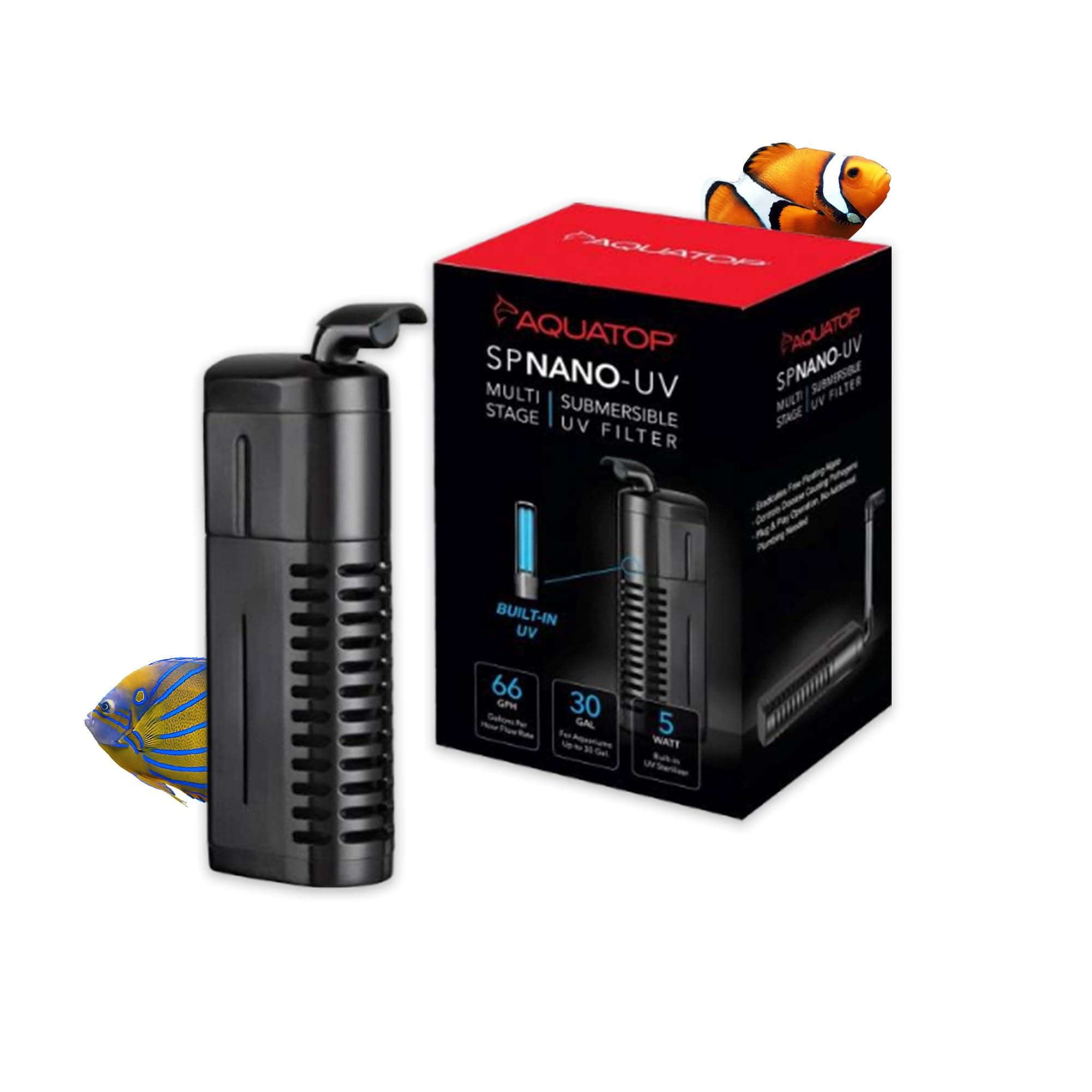 Aquatop 5W Submersible Nano Filter – for 10-30 Gallon – 66 GPH Flow Rate – for Crystal Clear Water – Ideal for Fresh & Saltwater Use – SPNANO-UV