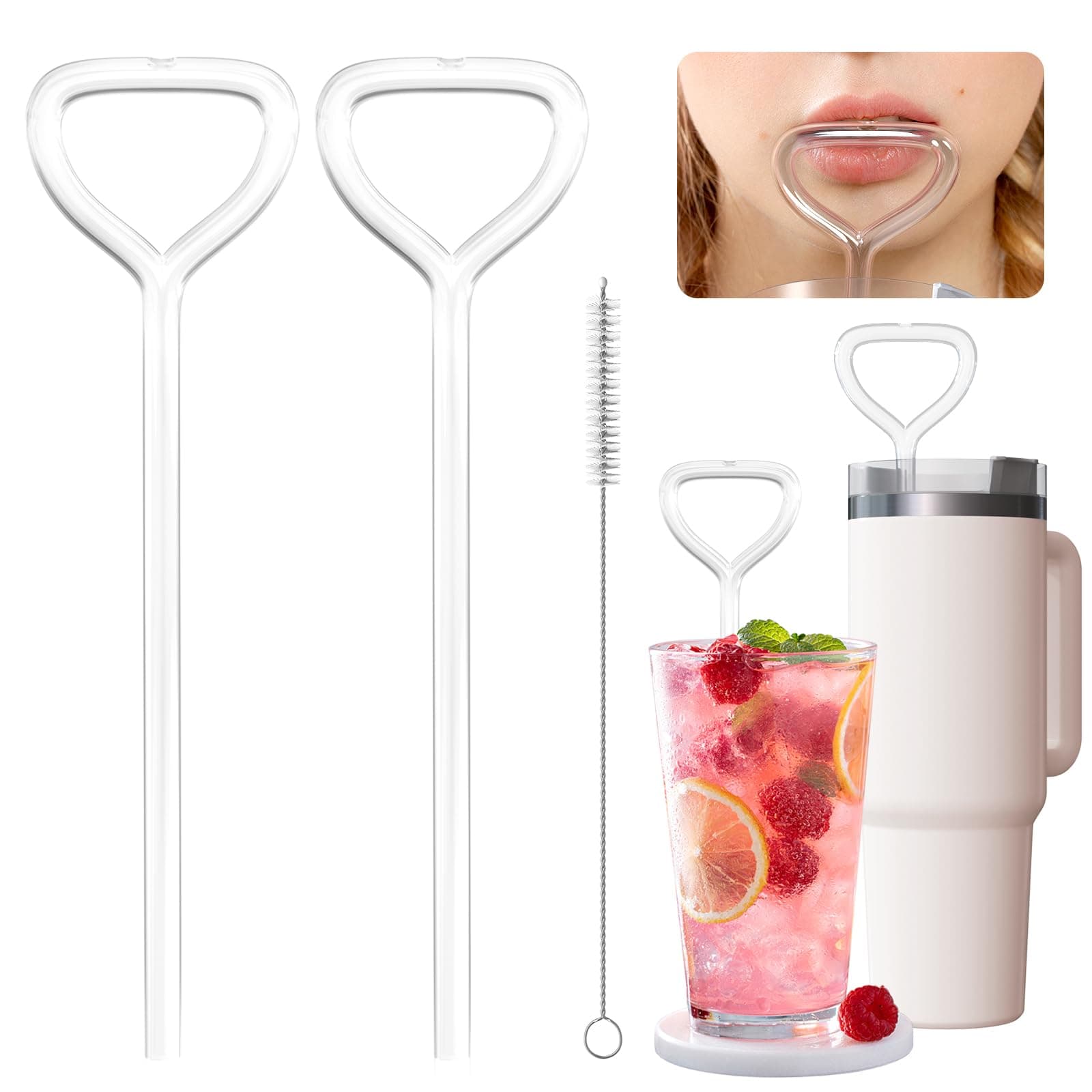 Anti-Wrinkle Glass Straw 2pcs - Reusable Curved Straw for Stanley Cup, Lip Straw, Sideways Drinking Straw