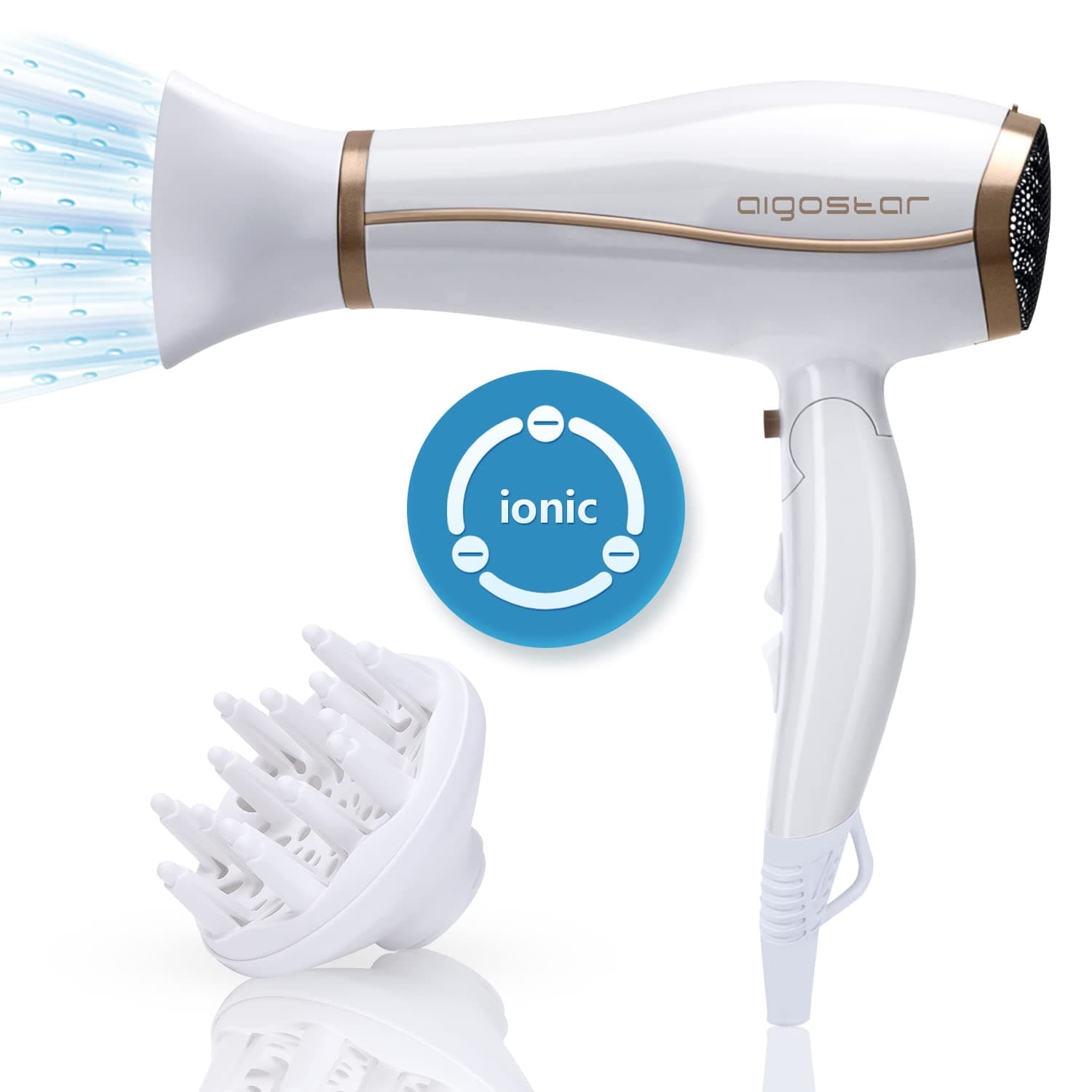 AigostarProfessional Ionic Hairdryer, 2200W Fast Dry Hair Dryer with Concentrator and Diffuser, Foldable Design, 2 Speed & 3 Heat Settings, Cool Button, White- Luna 32QUO