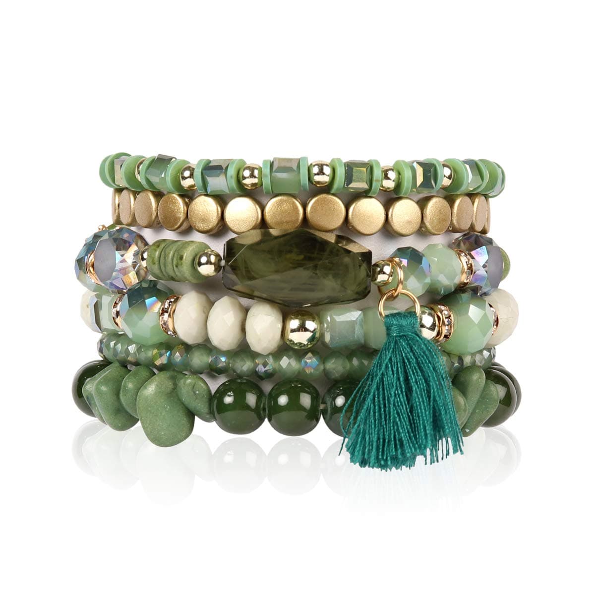 Coin Bead Multi Layer Versatile Statement Bracelets - Stackable Beaded Strand Stretch Bangles Sparkly Crystal, Tassel Charm