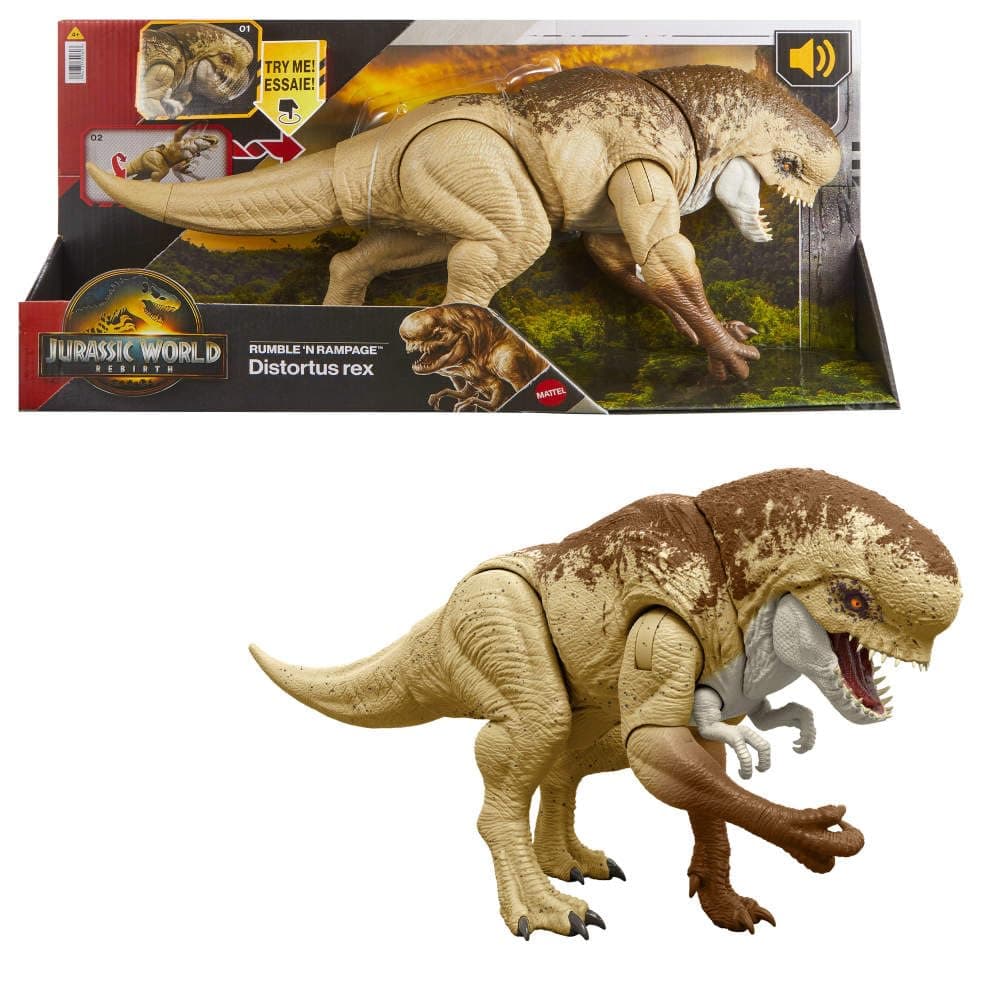 Mattel Jurassic World Rebirth Distortus Rex Rumble N Rampage Dinosaur Action Figure 22 Inch with 2 Attack Actions, Content-Accurate, Digital Play