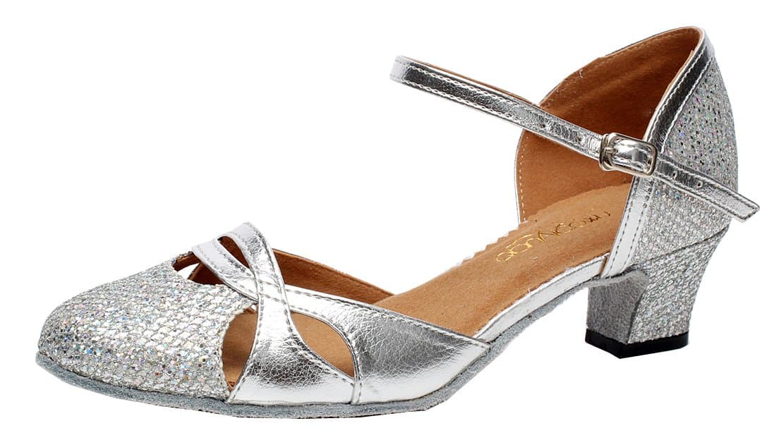 Abby AQ-7007 Womens Latin Tango Ballroom Party Wedding Block Heel Round-Toe PU Dance-Shoes Silver US Size9.5