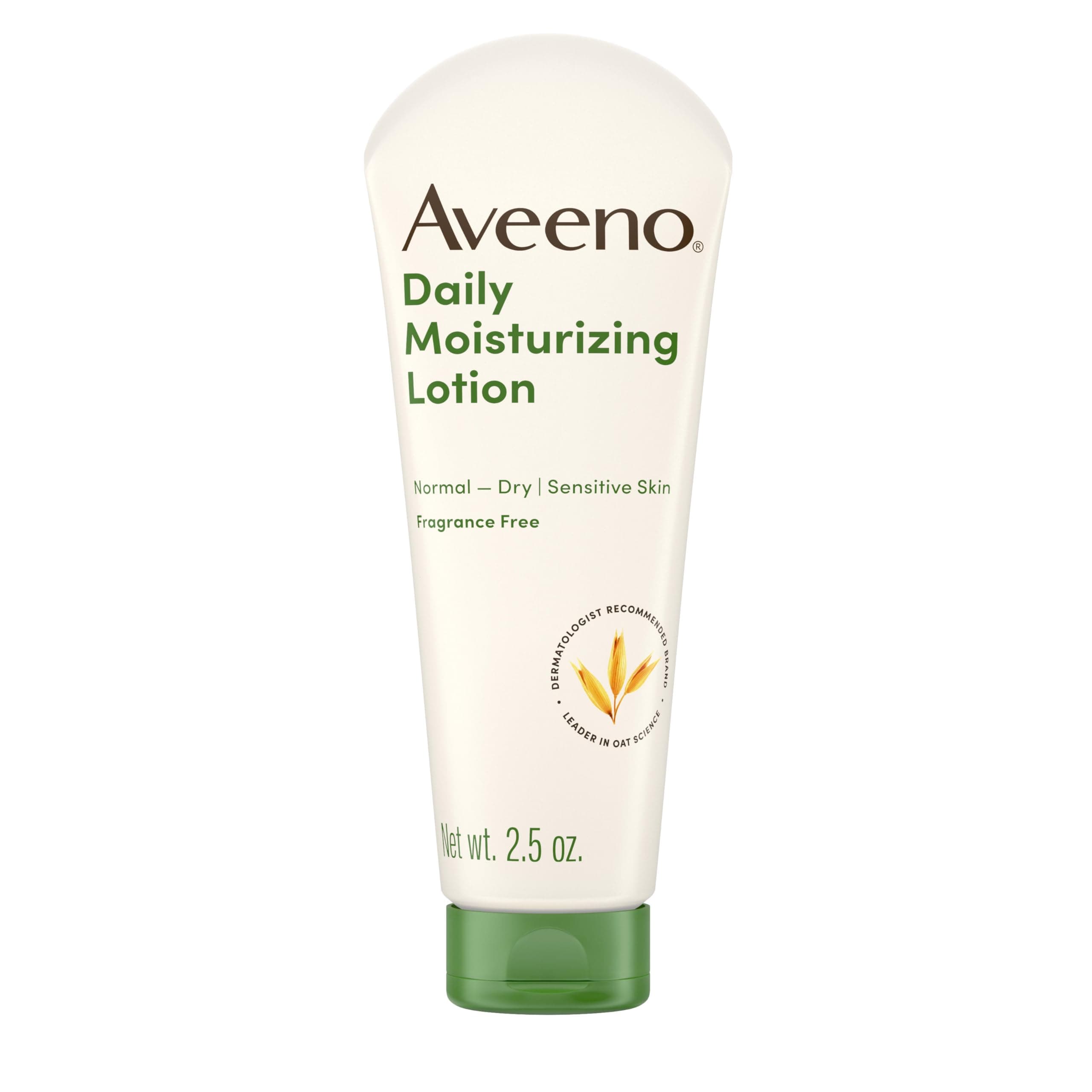 Aveeno Daily Moisturizing Body Lotion with Soothing Prebiotic Oat, Gentle Lotion Nourishes Dry Skin With Moisture, Paraben-, Dye- & Fragrance-Free, Non-Greasy & Non-Comedogenic, 2.5 fl. Oz