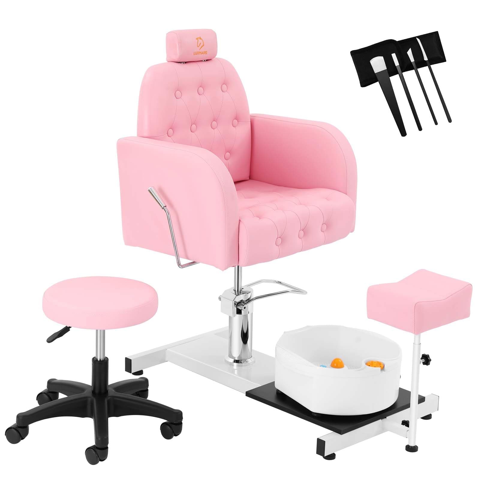 Reclining Pedicure Chair with Foot Massage Basin & Stool, Hydraulic Adjustable Pedicure Chair Station, 360° Rotation Beauty Spa Salon Unit Station Pink