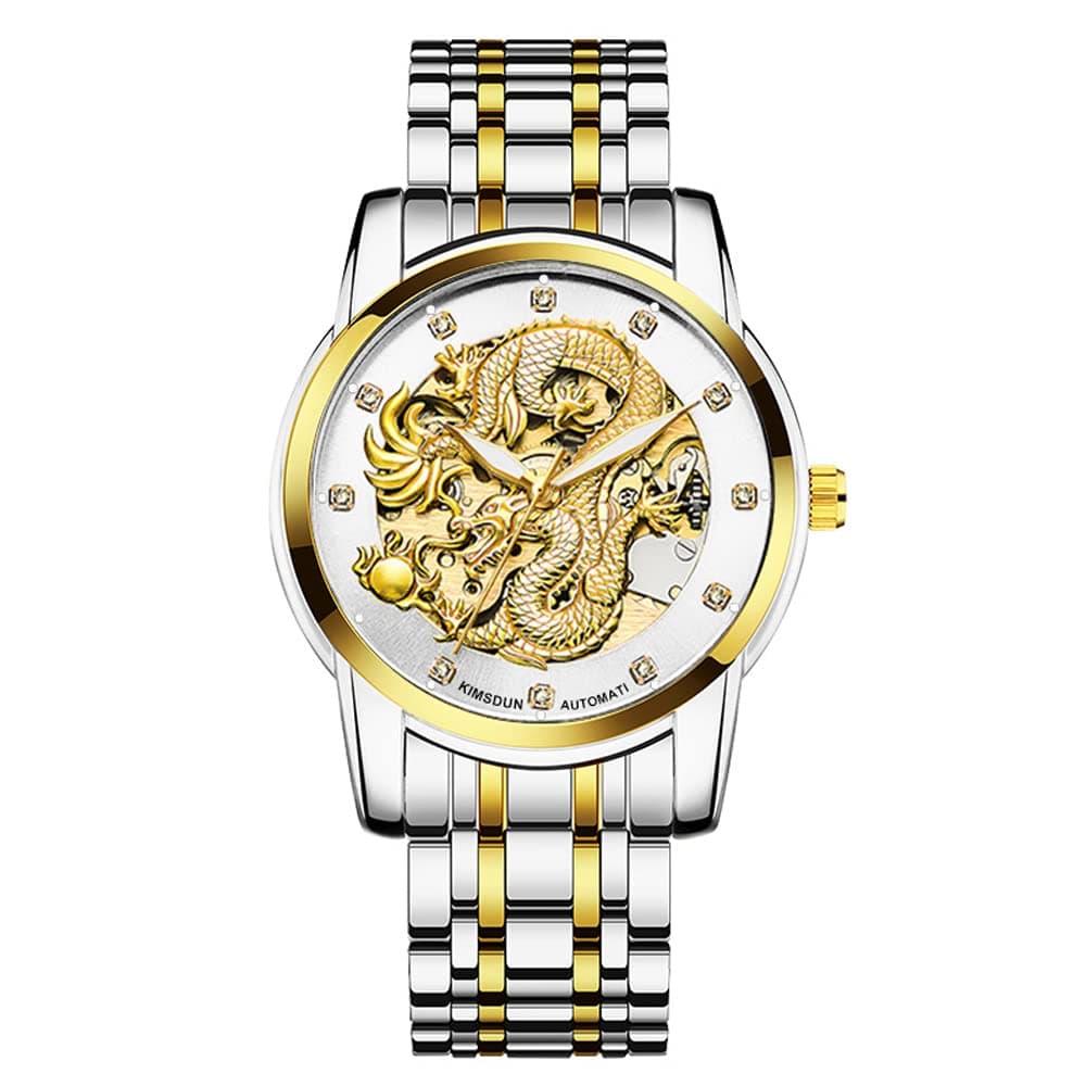 Weicam Mens Luxury Mechanical Skeleton Automatic Self-Winding Stainless Steel Lumious Watch Dragon Carved Dial Diamond Business Watches Waterproof Wristwatch