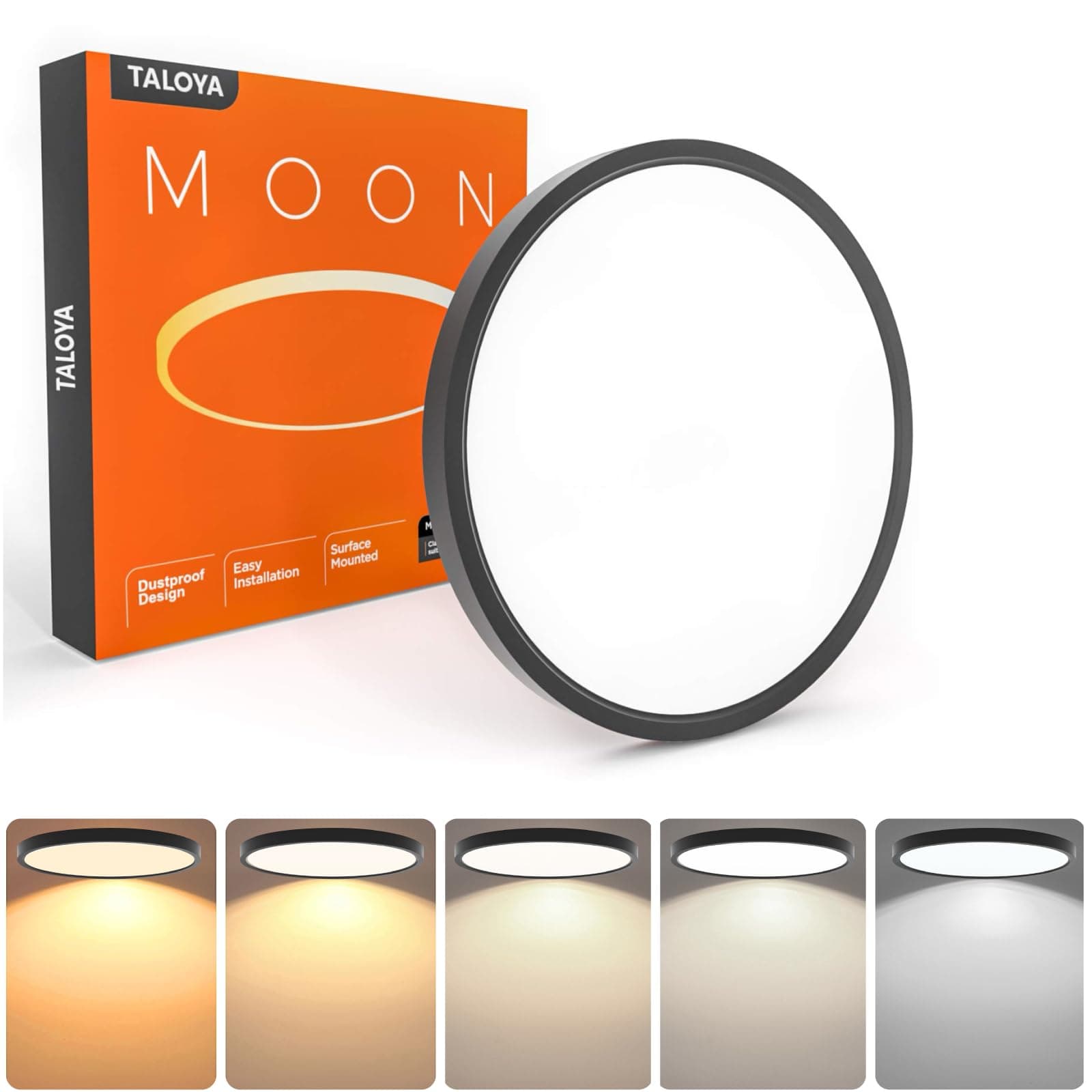 TALOYA Flush Mount LED Ceiling Light Fixture Black,12 Inch 20 Watt, Thin Ceiling Lamp Surface Mount for Kitchen Bedroom Utility Laundry Closet Room,5 Color Temperatures in One