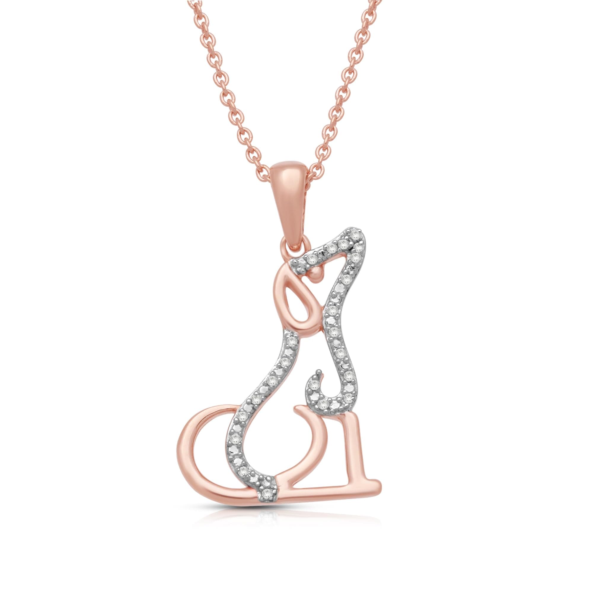 Jewelili 14K Rose Gold Over Sterling Silver Natural White Round Diamonds Dog Pendant Necklace, 18" Rolo Chain
