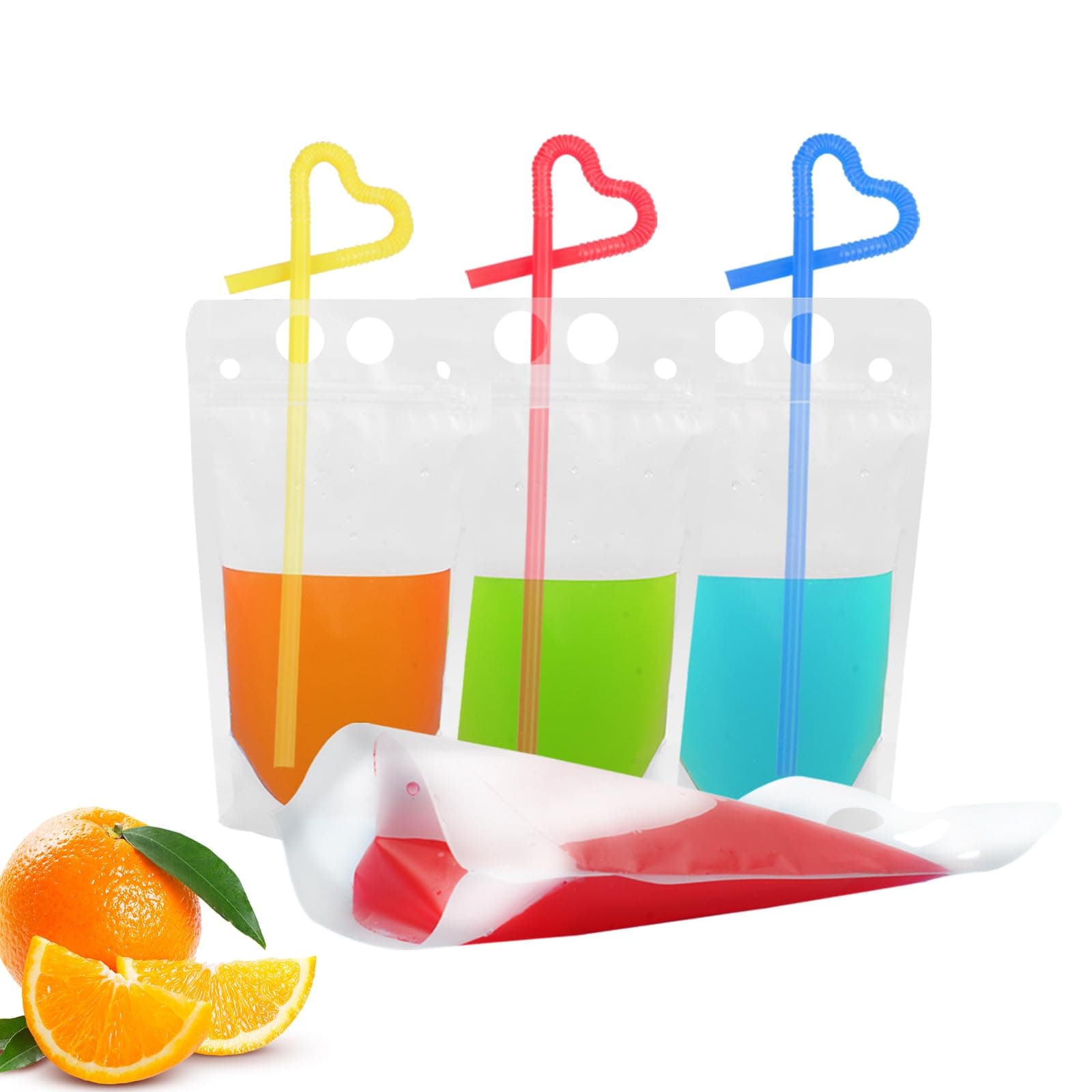 Drink Bags Stand up Reclosable Zipper Drinking Pouches Bags Hand-held Drinking with Plastic Straw,(50 Pack)