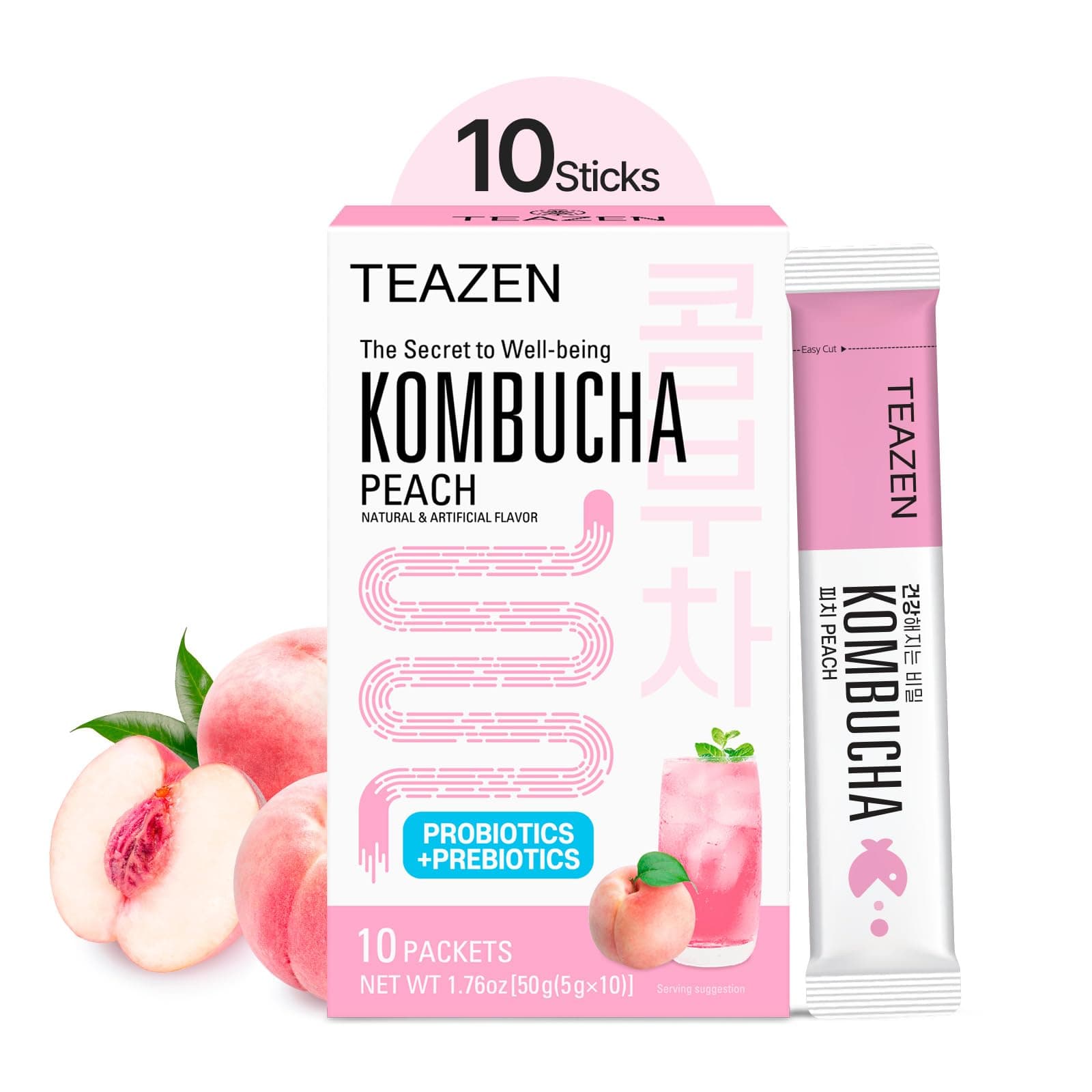 Peach Kombucha Powder, Hydration Drink Mix, Sugar Free, Live Probiotics & Prebiotics, On-the-Go 10 Packets, 1.76oz