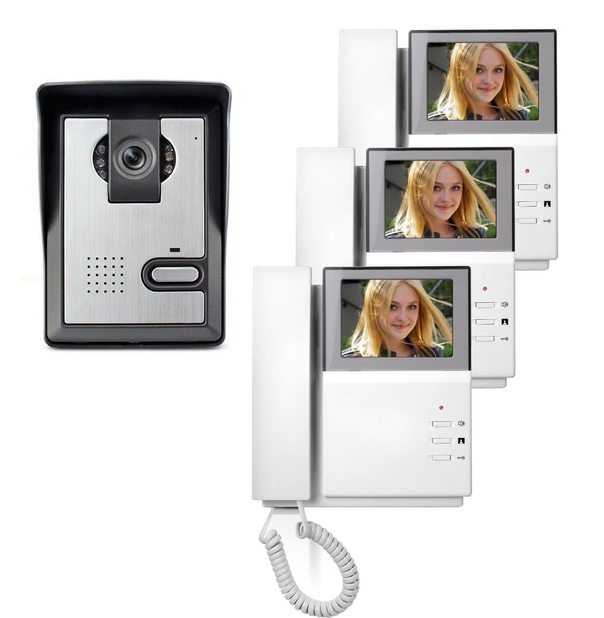 AMOCAMVideo Door Phone System, 4.3 Inch Clear LCD Monitor Wired Video Intercom Doorbell Kits with 3PCS Monitor, Night Vision Camera Door Bell Intercom, Doorphone Telephone style for Home Improvement