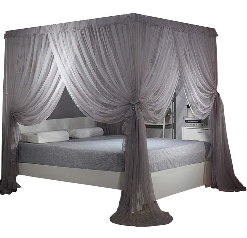 Nattey 4 Corners Bed Curtain Canopy Net Canopies for Girls Princess Boy Bed (Queen, Gray)