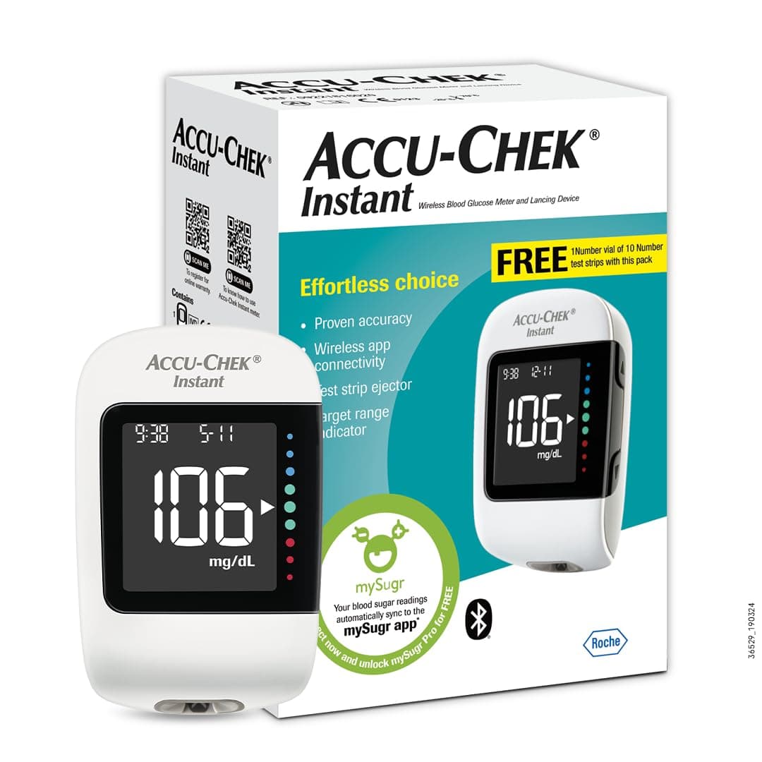 Accu-Chek Instant Blood Glucose Glucometer (with Bluetooth) with Vial of 10 S...