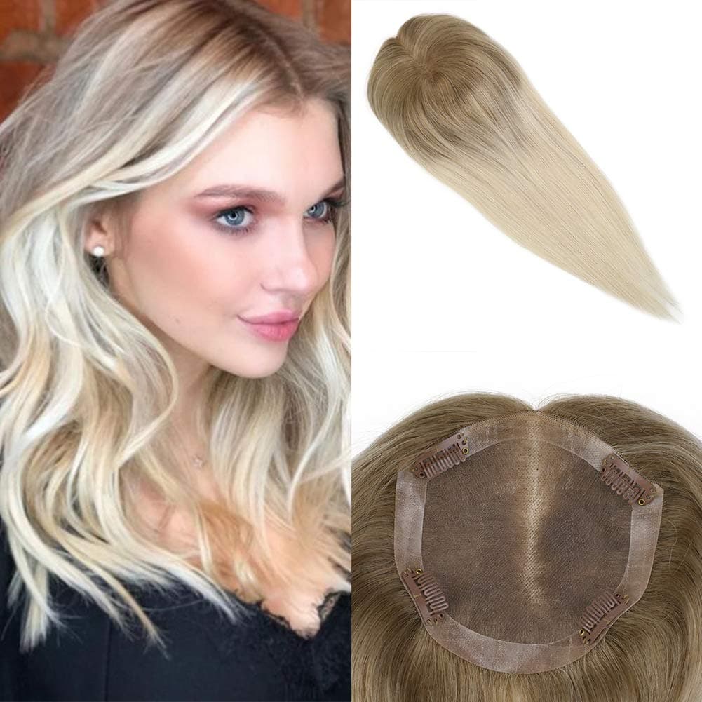 Moresoo Hand-tied Hair Topper 10 Inch Mono Base Top Piece Crown 5inch5inch Hair Piece Toppers for Women #6 Brown Ombre to #613 Blonde Clip in Invisible Hair Topper/Topper Replacement