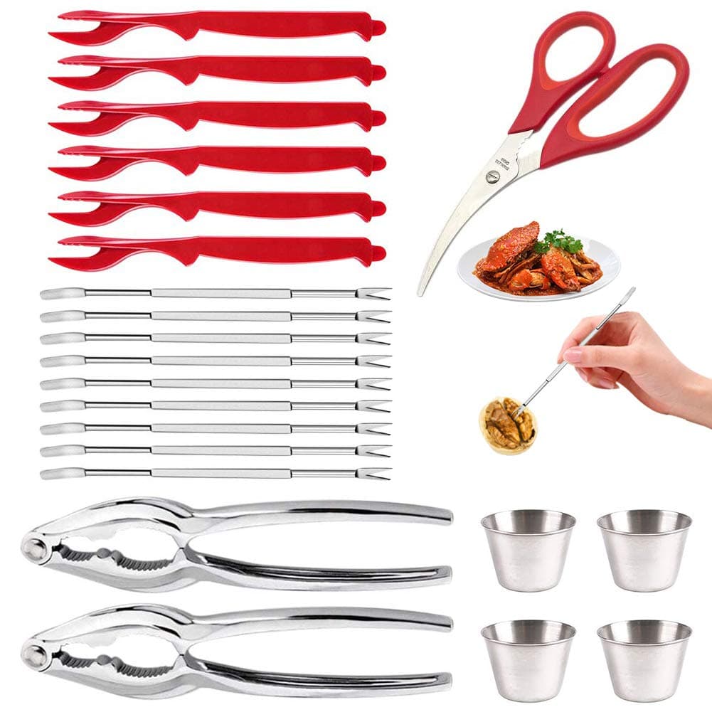 22pcs Professional Seafood Tools Picks Set, 2 Nut Crackers +1 Scissor +9 Knifes+6 Stainless Steel Forks +4 Sauce Cup, for Lobster, Crab, Crawfish, Shrimp, Shellfish - Kitchen Easy-opener Picnic Tools
