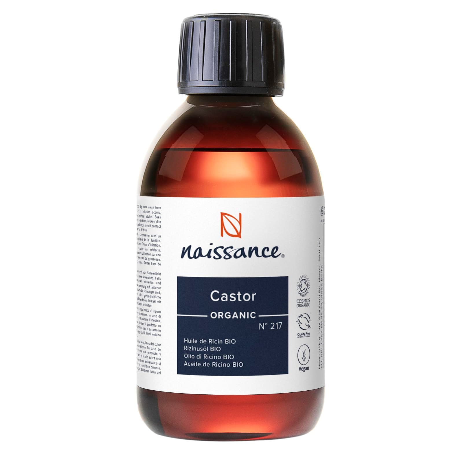 Certified Organic Castor Oil (no. 217) 225ml – 100% Pure, Cold Pressed, Unrefined – For Eyelashes, Hair, Eyebrows, Beard Growth, Nails, Skin, Massage – Natural, Vegan, Hexane Free, No GMO