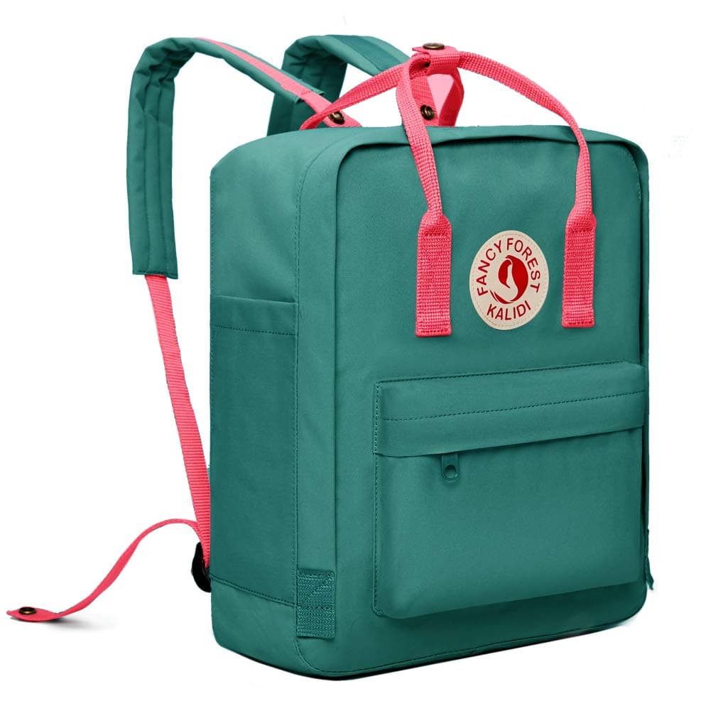KALIDI FANCY FOREST Unisex Lightweight Backpack School Bag Water-Resistant Casual Rucksack fits 15 inch Laptop for Boys Girls Men and Women,Green with Pink Handle