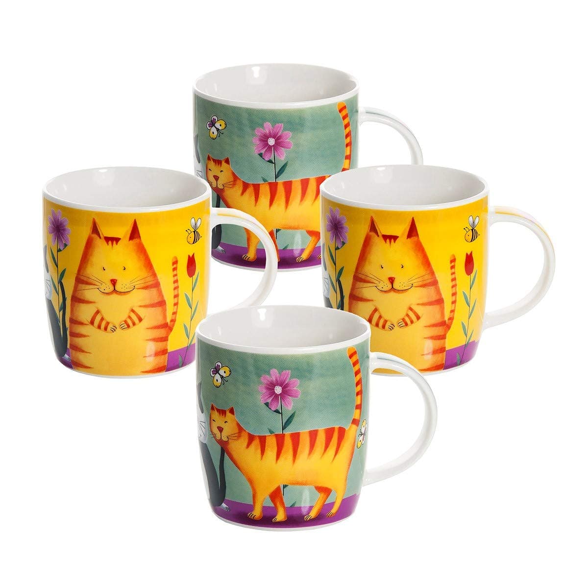 Set of 4 Cat Mugs Cups for Tea, Coffee and Hot Drinks,Colourful Cats Design Porcelain China, Gift for Cat Lovers and Owners