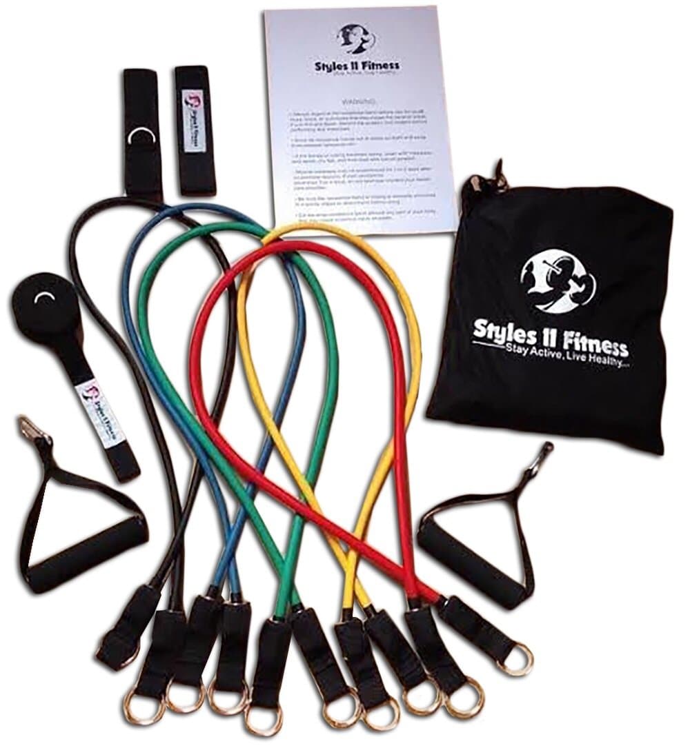 Styles II Fitness Resistance Band Set with Reinforced Carabiner End Connectors (Set of 5 Bands) Elastics, Handles, Door Anchor, Ankle Strap and Resistance Band Carrying Case - For Men & Women - Knee, Legs, Arms, Chest, Back & Shoulder Workout Exercises and addition to any cross training program: CrossFit, P90, Extreme. A Simple, Fast, and Effective Workout.