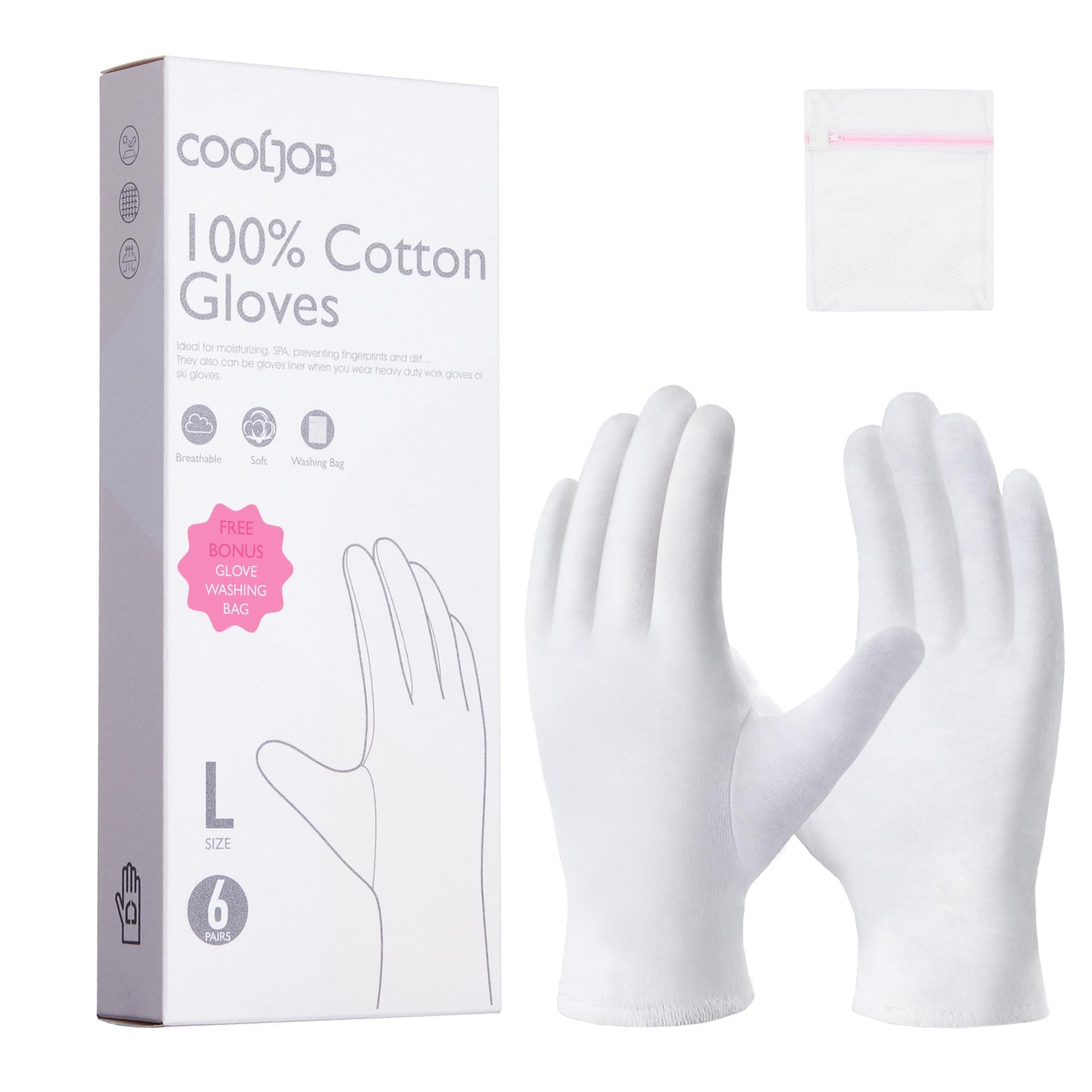 COOLJOB 100% Cotton Gloves, 6 Pairs White Cotton Gloves for Dry Hands Moisturizing & Eczema, Overnight Lotion, Sleep & Spa Treatment for Women & Men, Breathable Work Glove Liners, Large Size