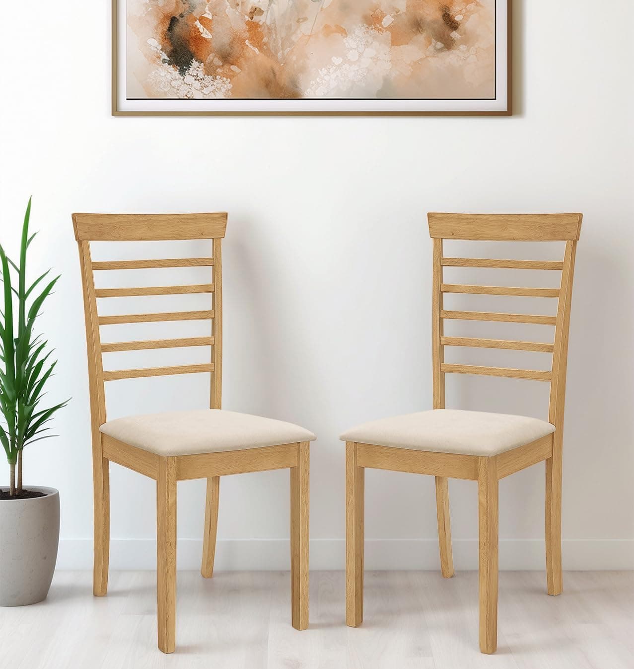 Hallowood Furniture Ledbury Dining Chairs Set of 2 with Ladder Back Design, Modern Solid Wooden Chairs with Warm Cream Fabric Seat Pad for Home, Restaurant and Café (Light Oak)