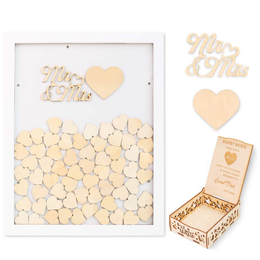 Creawoo Wooden Guest Book Frame Wedding Drop Box (Detachable Back) with 100 Blank Hearts and Free Guest Sign Box for Wedding Gifts Friends Present (White Color)