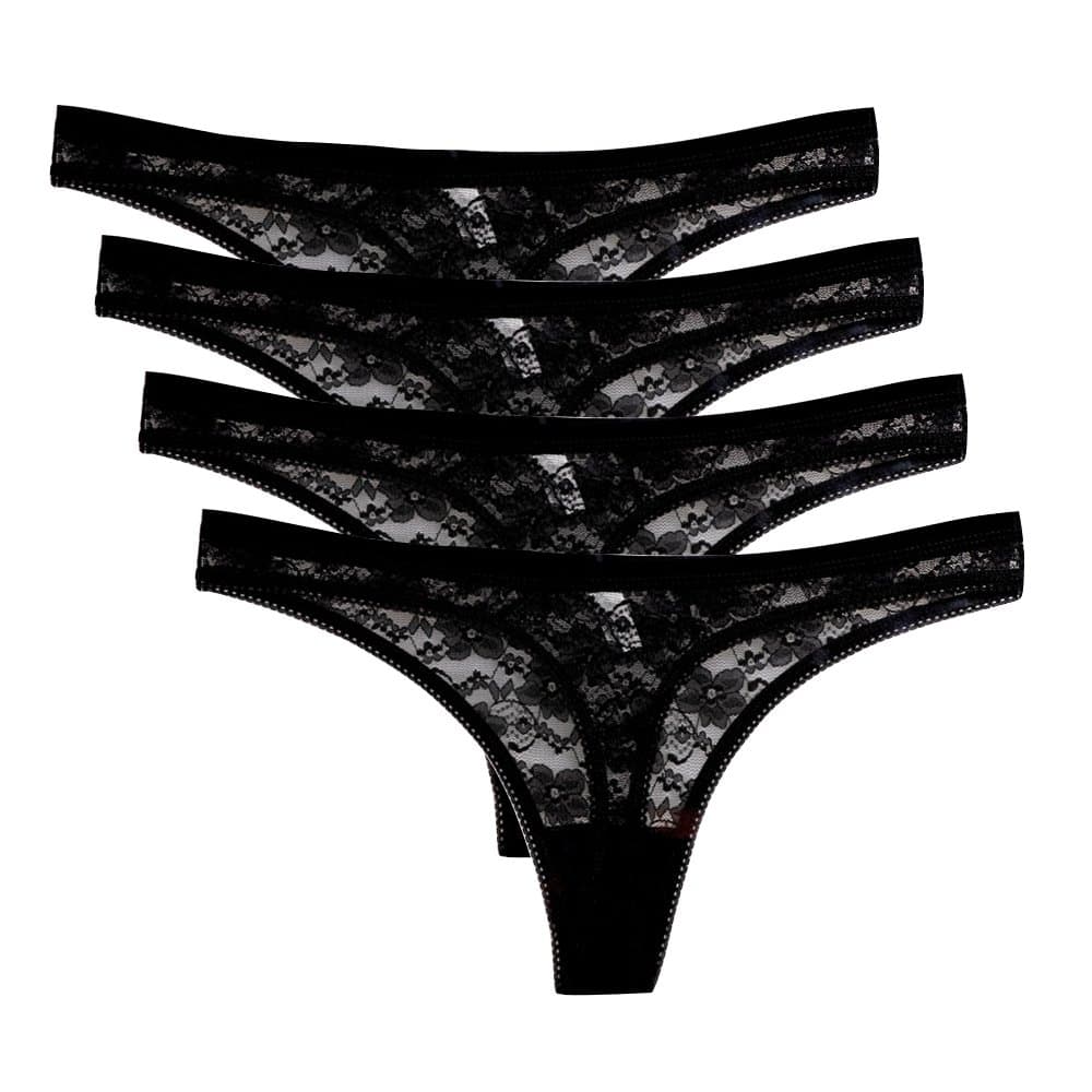 Womens Sexy Lingerie Underwear Lace Thong Panties Hipster Pack of 4 pcs/Pack (Black, L)