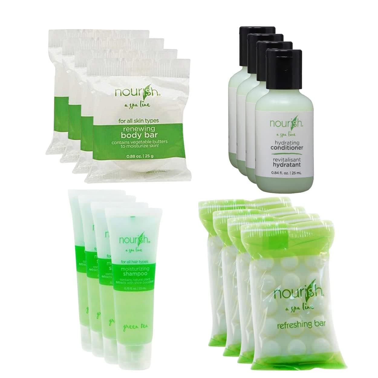 Valloowink Tirrito Nourish Spa Line Green Tea BNB Amenity Bath & Body Sets - Soap, Shampoo, Conditioner (50 Set - 200 Pieces Total)