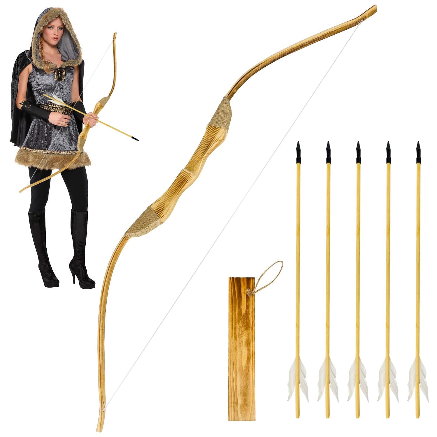 Wooden Bow and Arrow Set, 40 Inch Handmade Wooden Bow and Arrow Cosplay Costume Prop Archery Set Games Toys, 1 Bows 1 Quivers and 5 Feather Arrows, Gifts for Kids Youth Boys and Girls