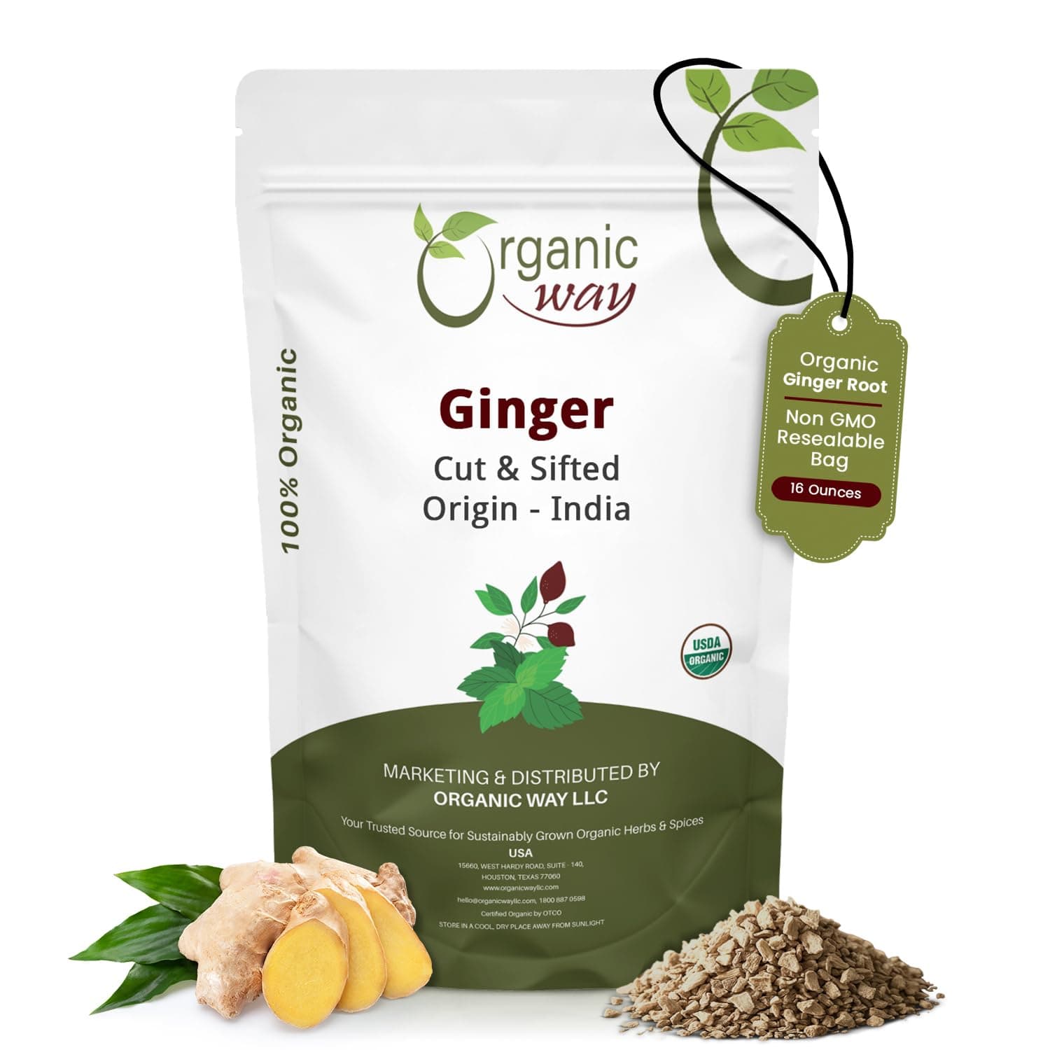 Organic Way Ginger Root Cut & Sifted (Zingiber officinale) - Herbal Tea | Kosher & USDA Certified | Vegan, Non-GMO & Gluten Free | Tested for Heavy Metal and Purity | 100% Raw from India (1LB -16Oz)