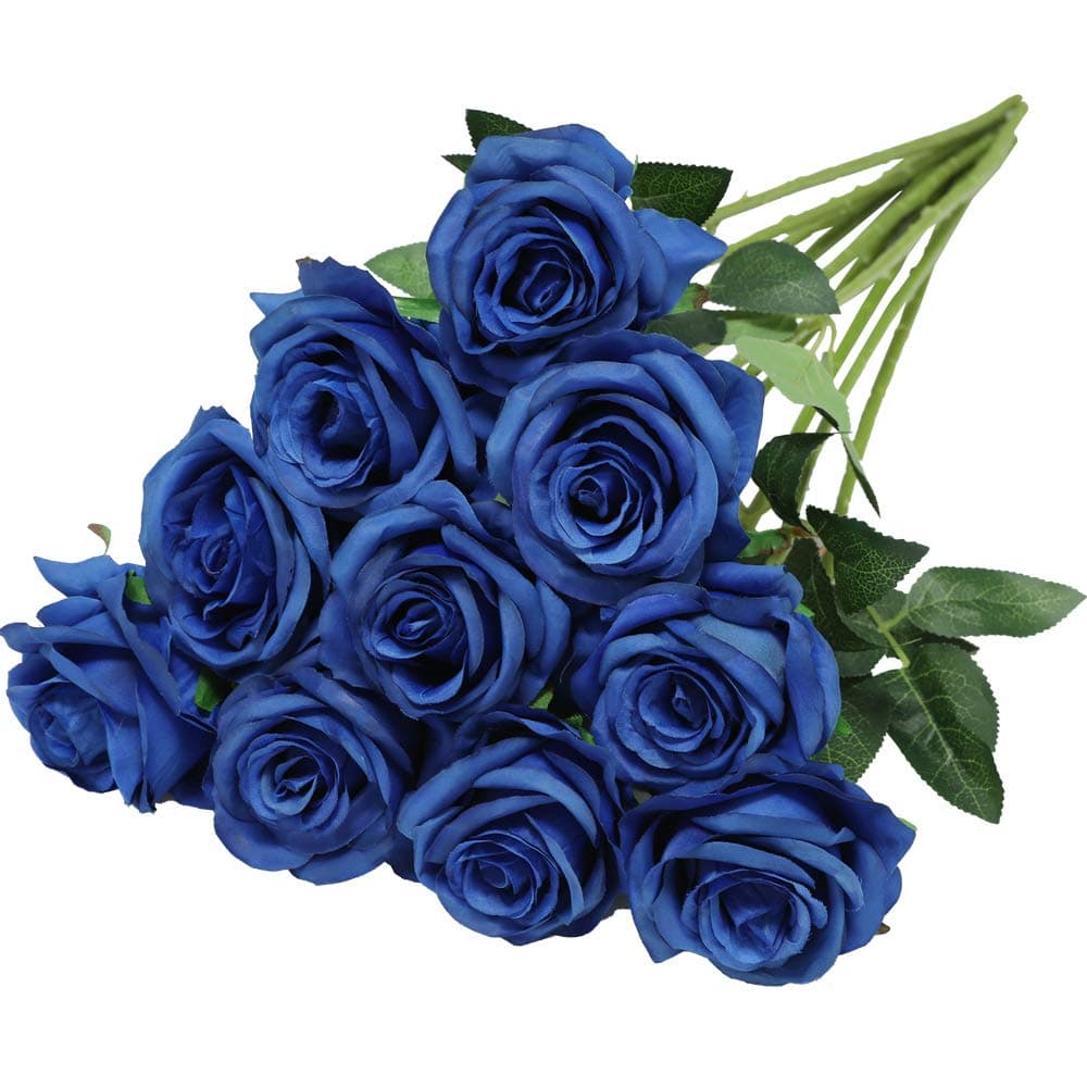 Nubry Artificial Silk Rose Flower Bouquet Lifelike Fake Rose for Wedding Home Party Decoration Event Gift 10pcs (Blue)