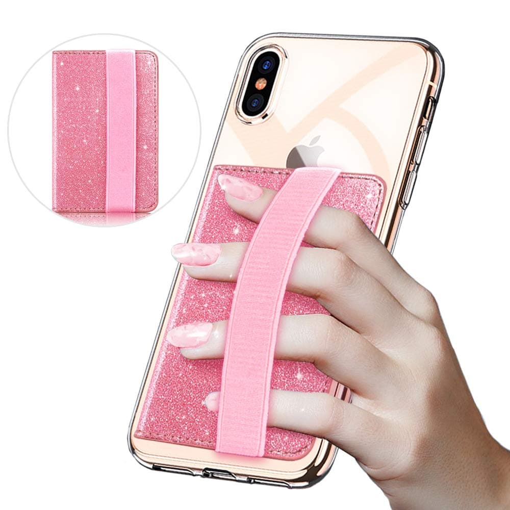 CLARKCAS Credit Card Holder Glitter, RFID Blocking Phone Wallet Stick On Flip Cell Phone Card Holder with Elastic Hand Strap for Women Girls (Pink)