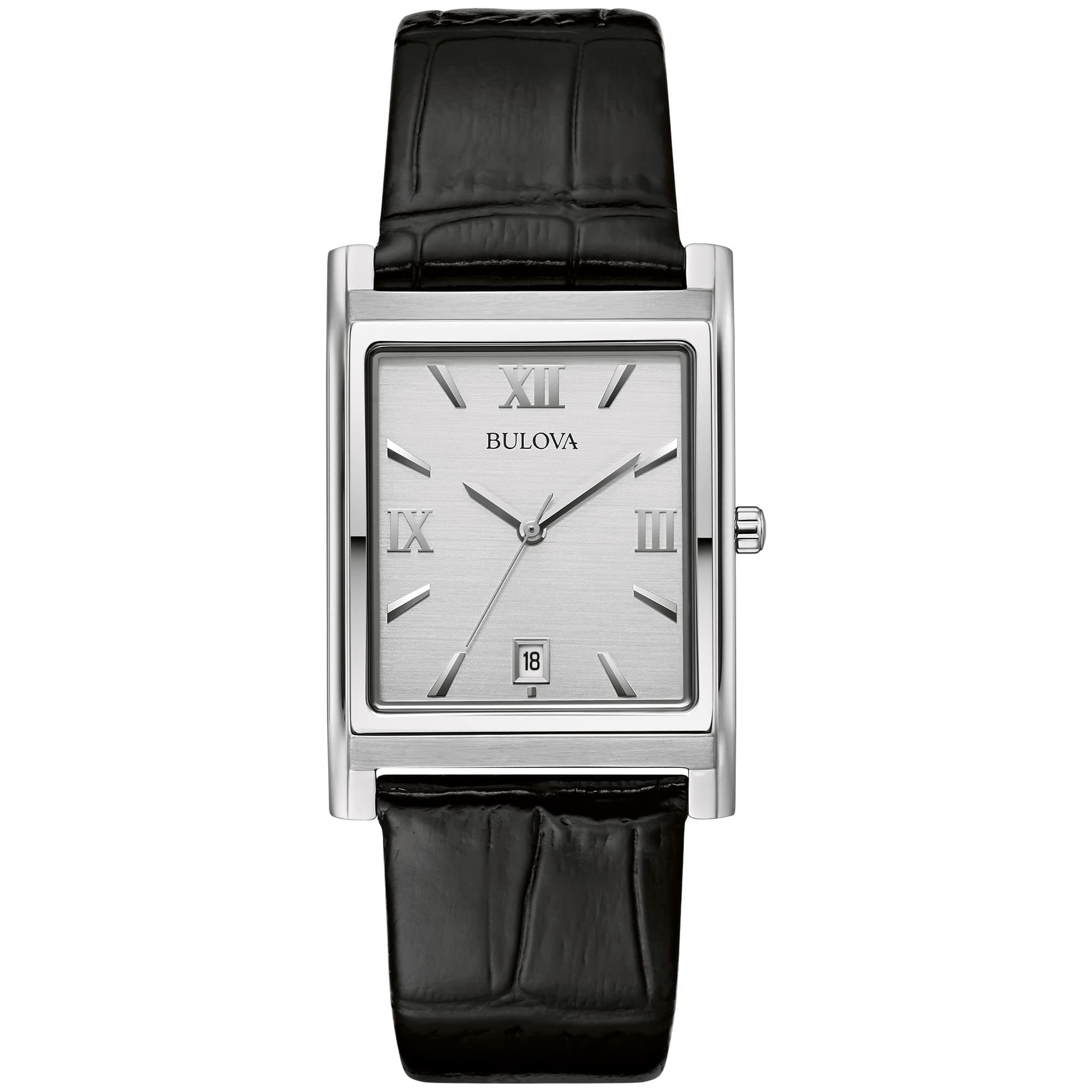 Men's Stainless Steel 3-Hand Calendar Date Quartz Watch with Black Leather Strap, Rectangle Dial Style: 96B107