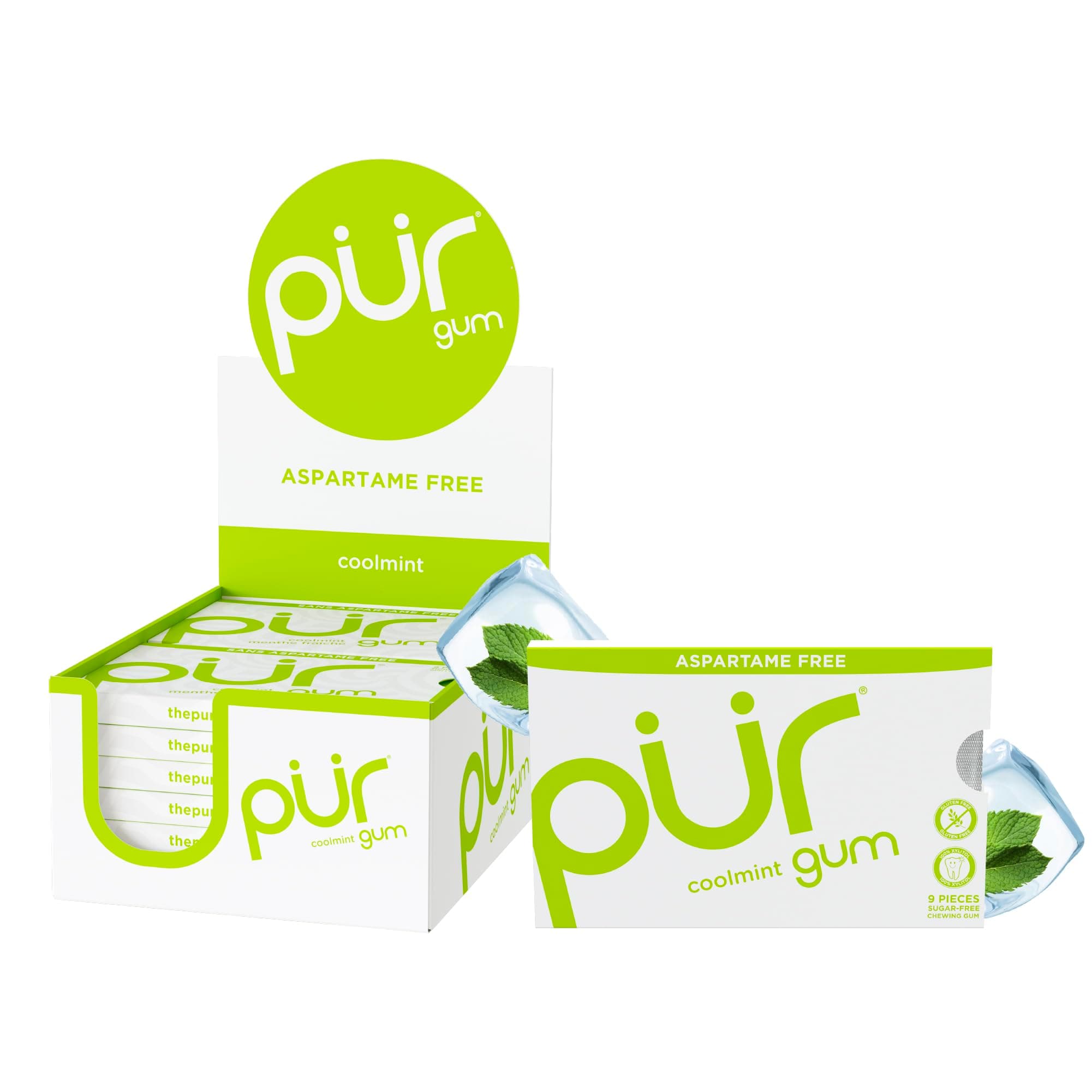 PUR Gum | Sugar Free Chewing Gum | 100% Xylitol | Vegan, Aspartame Free, Gluten Free & Diabetic Friendly | Natural Coolmint Flavoured Gum, 9 Pieces (Pack of 12)