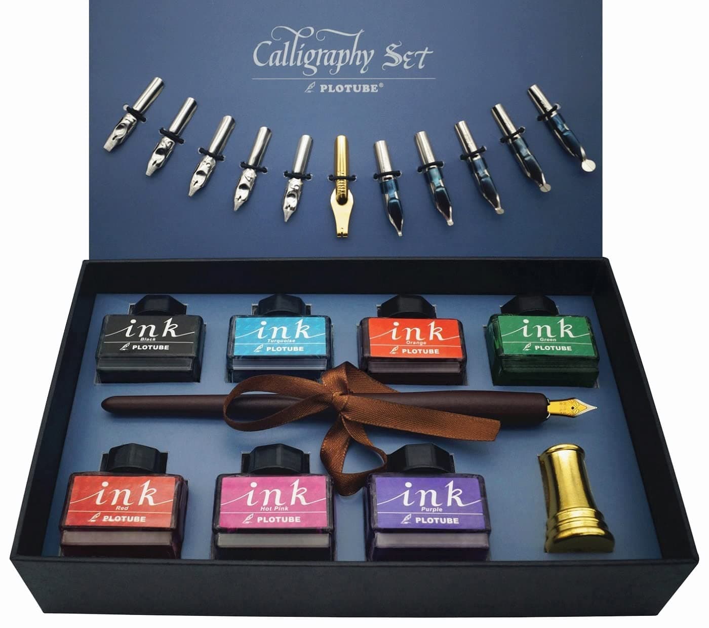 Calligraphy Pen Set, 22 pieces – Includes 7 Bottle Inks, 12 Nibs, Wood Dip Pen, Golden Pen Holder and Beginner Introduction Booklet
