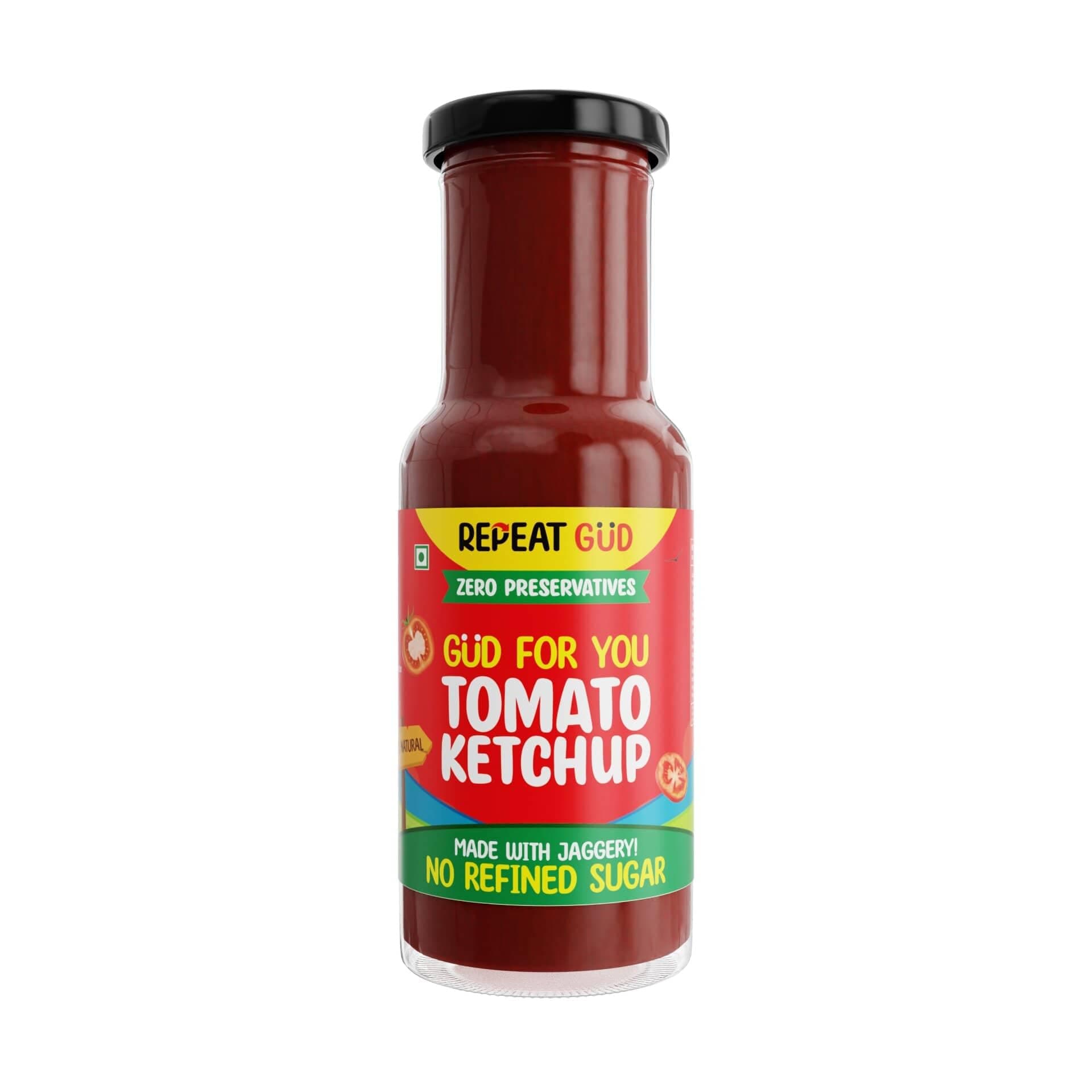 REPEAT GUD Healthy Tomato Ketchup For Kids | No Refined Sugar, Made With Jaggery | 100% Natural Ingredients | No Chemical | No Preservatives | No MSG | No GMO | No Cornstarch | 100 % Vegetarian | 225 gm