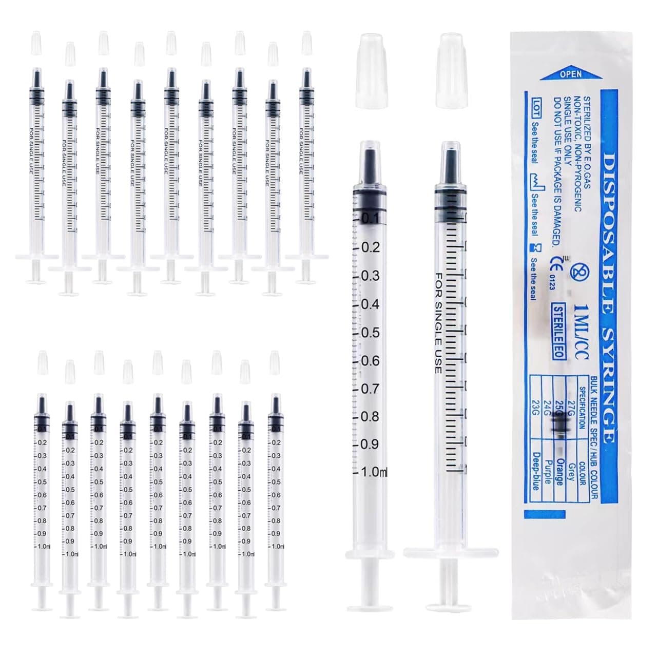 20Pcs 1ml Colostrum Syringe Plastic Syringes With Caps No Needle for Refilling and Measuring Liquids, Scientific Labs, Plant Watering, Pet Feeding ,Glue Applicator